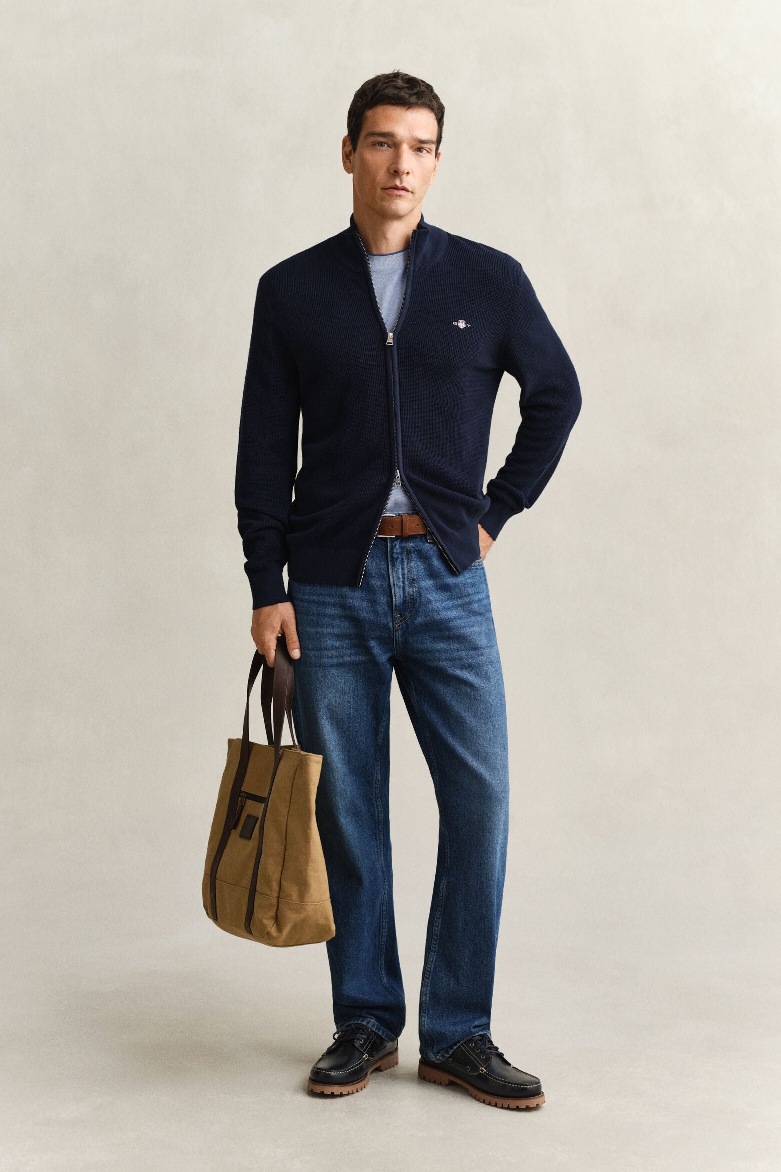 Gant miesten neuletakki Micro Textured Cotton Zip Cardigan, tummansininen