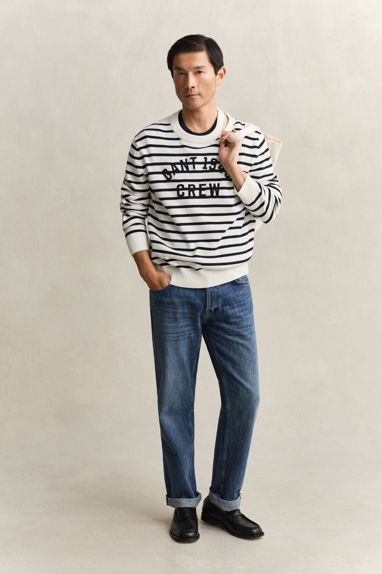 Gant miesten neulepusero Breton Stripe Graphic C-Neck, raidallinen sininen