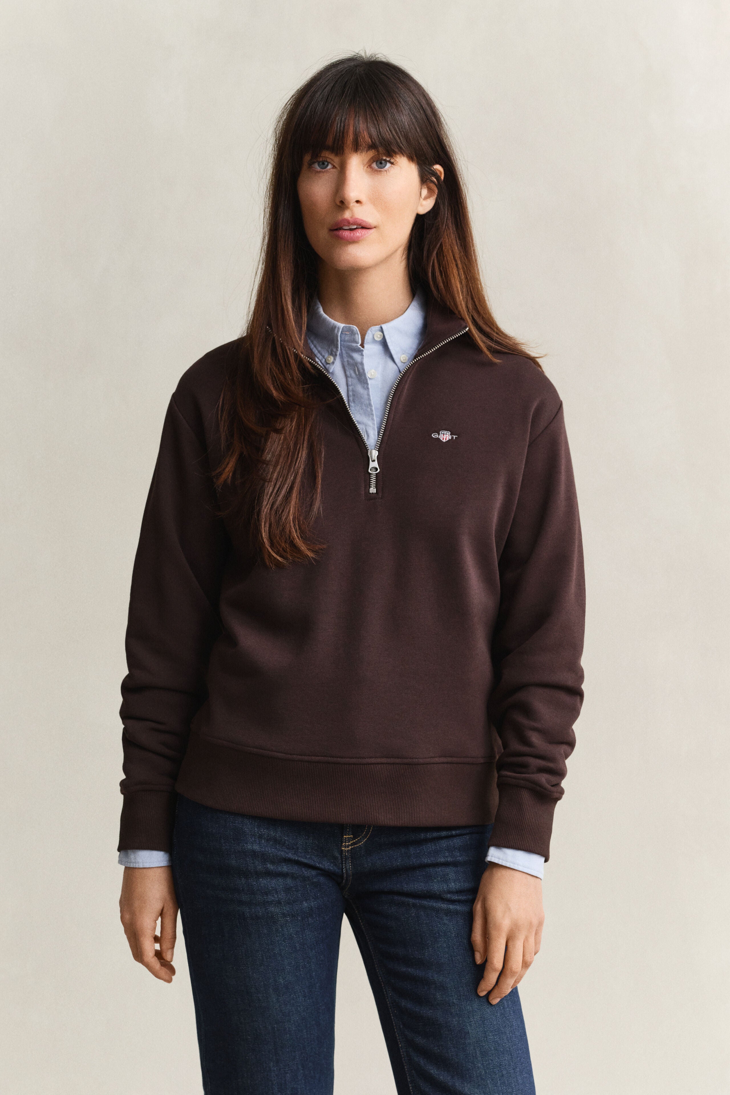 Gant naisten collegepaita Shield Half-Zip, tummanruskea