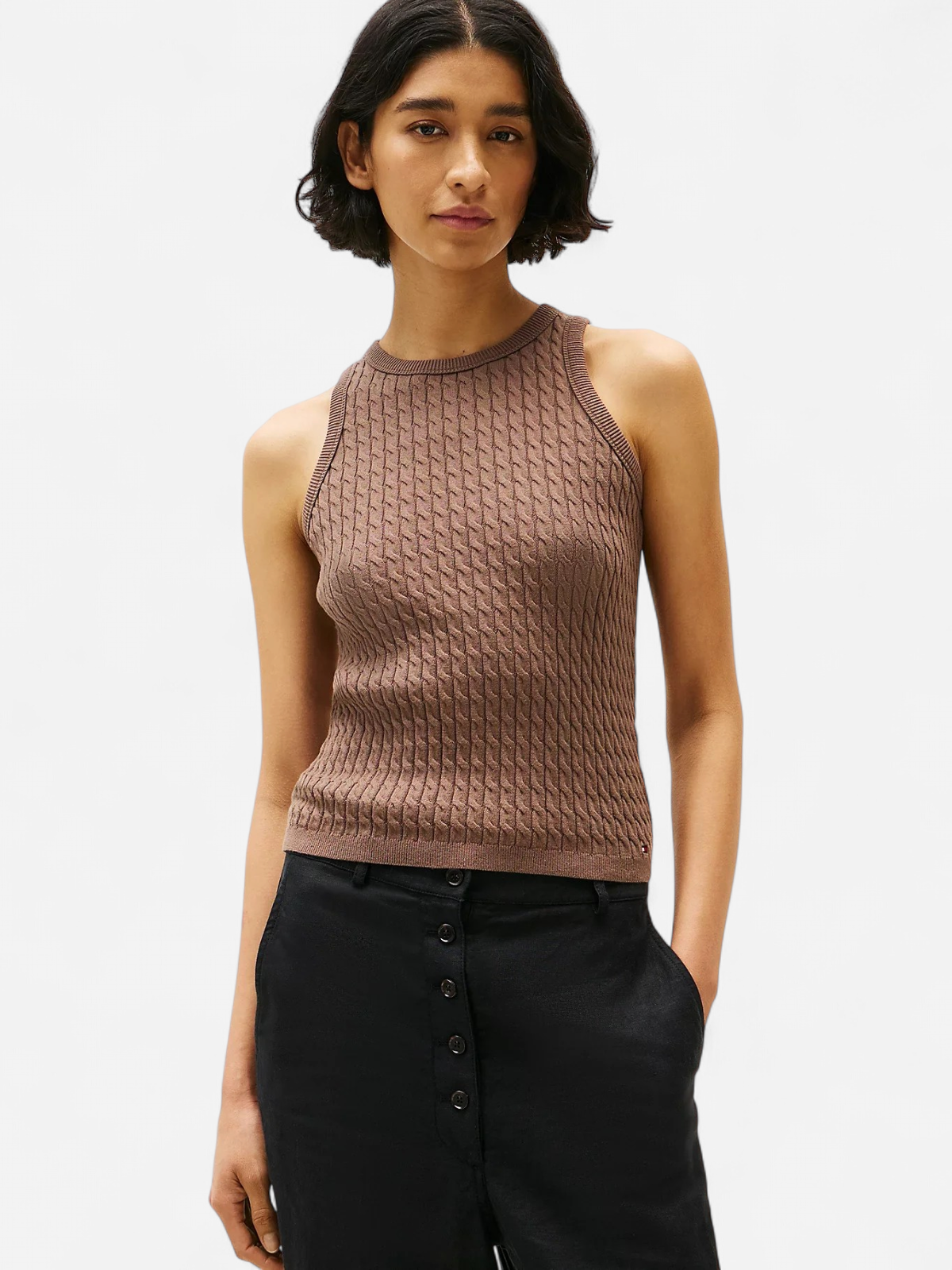 Tommy Hilfiger naisten hihaton neule, CO CABLE FINE SLIM SWEATER Tummanruskea - Kekäle.fi