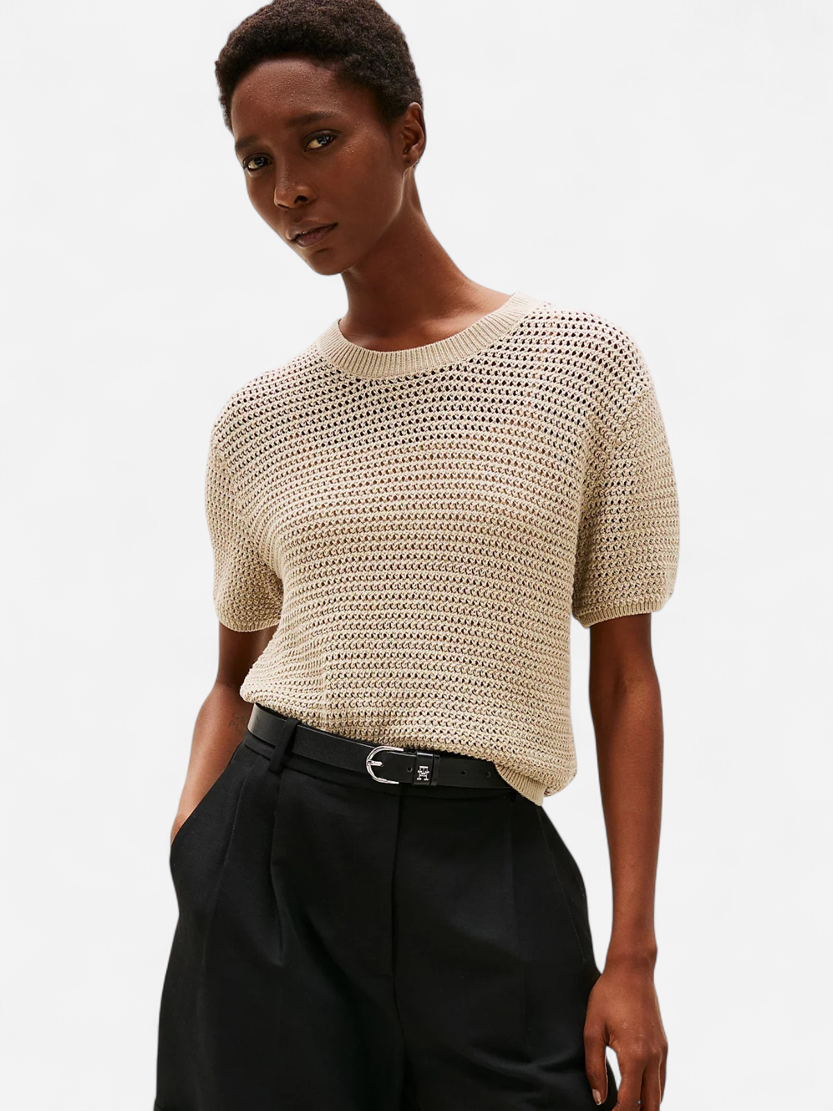 Tommy Hilfiger naisten lyhythihainen neulepusero, POINTELLE CROCHET SS C NECK SWEAT Vaalea Beige - Kekäle.fi