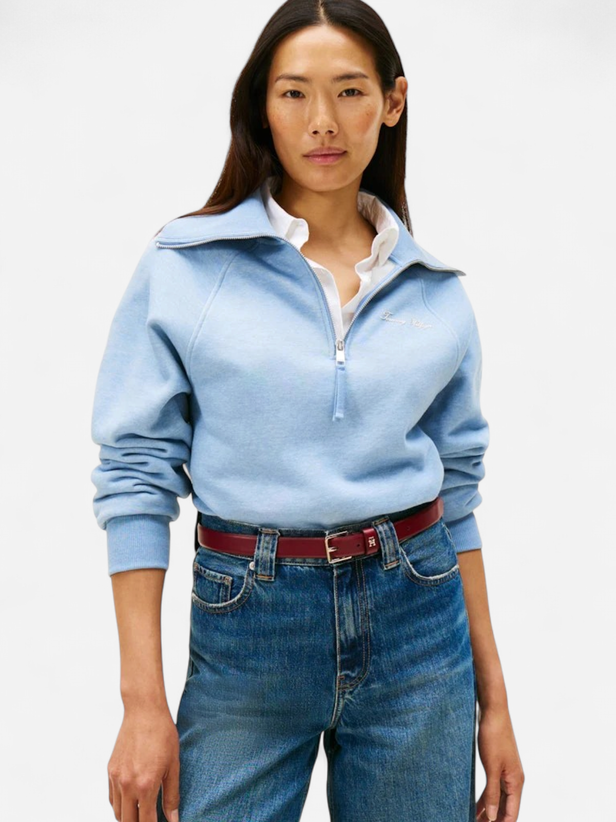 Tommy Hilfiger naisten collegepaita, CLASSIC SCRIPT FLEECE HALF ZIP Vaaleansininen - Kekäle.fi