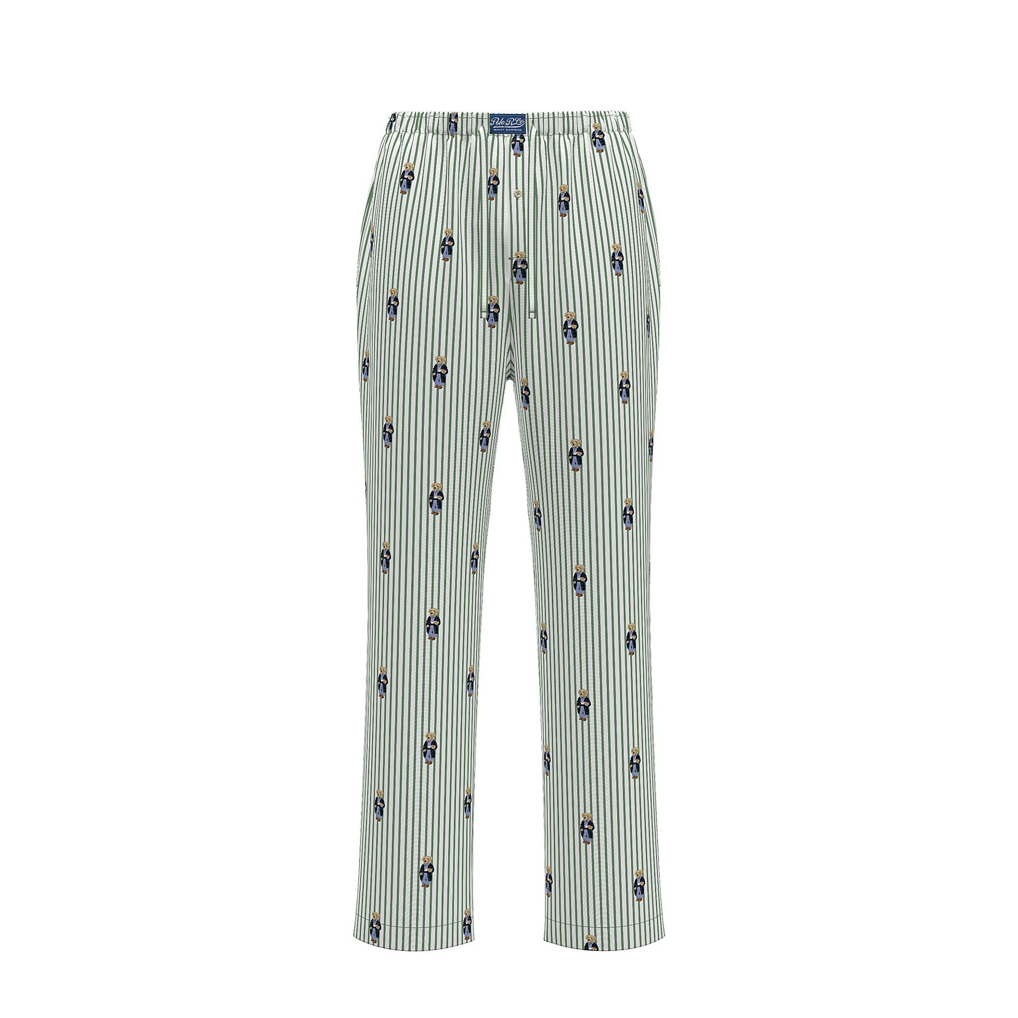 Polo Ralph Lauren miesten pyjamahousut Polo Bear Striped Cotton Pajama Pant, raidallinen vihreä