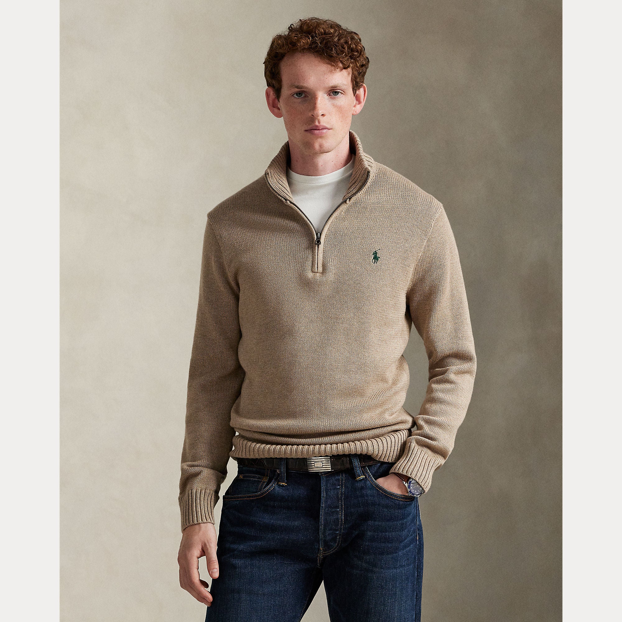 Polo Ralph Lauren miesten neule Cotton Half Zip Pullover, beige