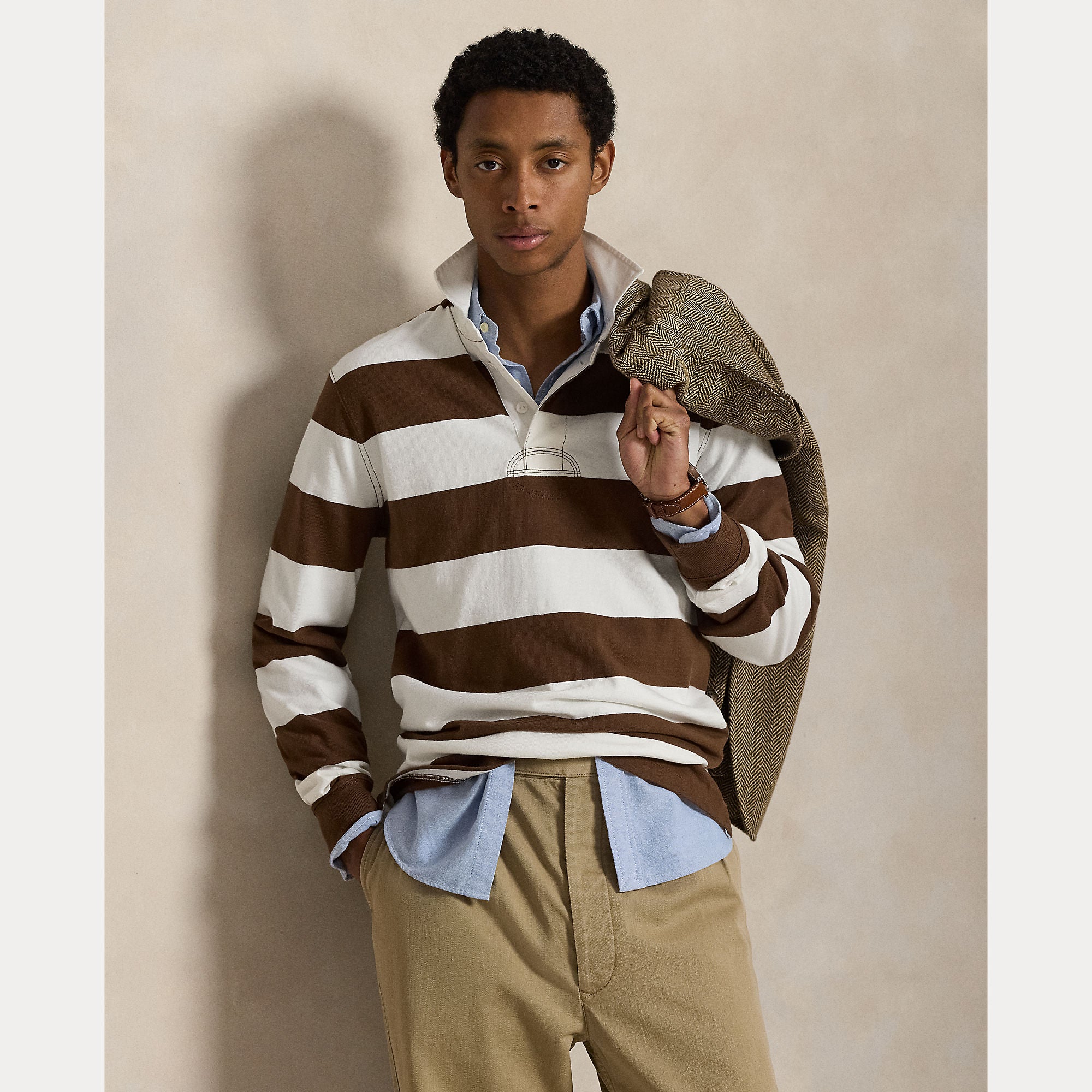 Polo Ralph Lauren miesten pikeepaita Big Fit Striped Jersey Rugby Shirt, ruskea