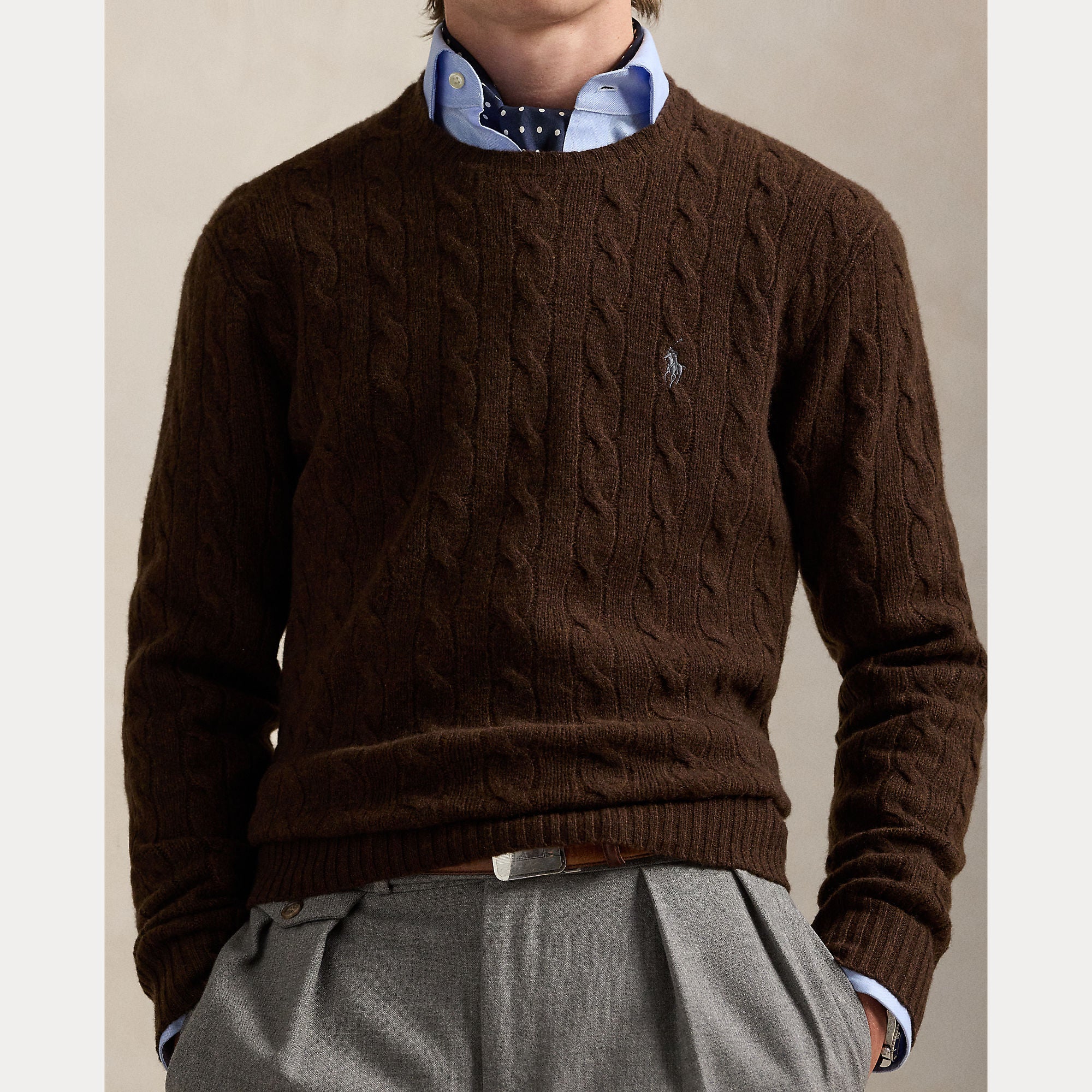 Polo Ralph Lauren miesten neulepusero LSCABLECNPP LONG SLEEVE PULLOVER, tummanruskea