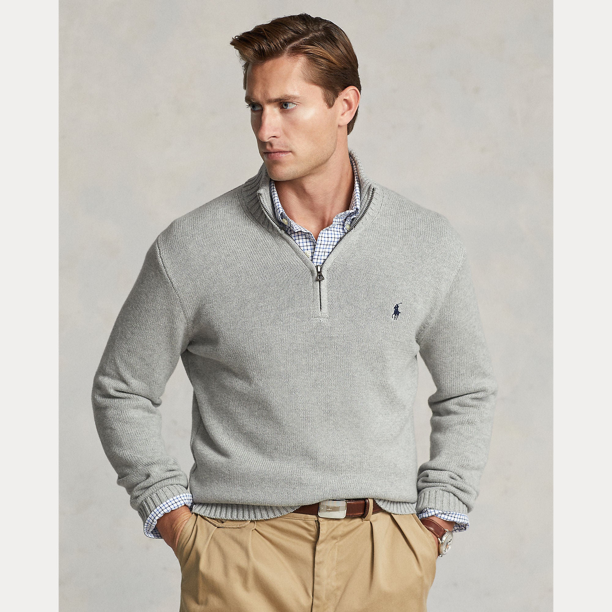 Polo Ralph Lauren miesten neulepaita Cotton Hlaf Zip Pullover, vaaleanharmaa