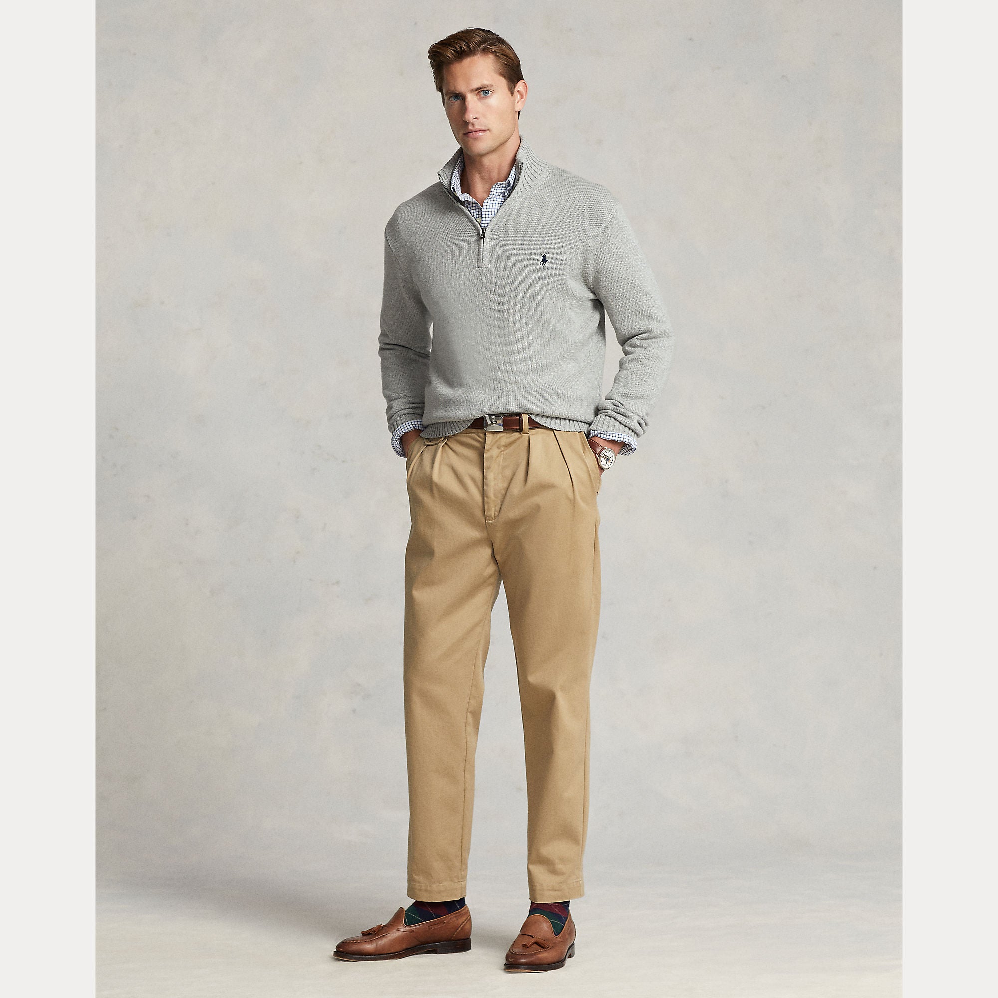 Polo Ralph Lauren miesten neulepaita Cotton Hlaf Zip Pullover, vaaleanharmaa