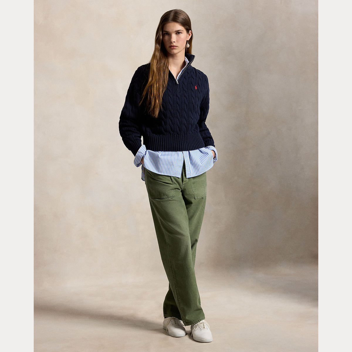 Polo Ralph Lauren naisten housut Wovwn Straight Pants, khaki, suora leikkaus, pehmeää puuvillasatiinia ja kevyesti joustava rakenne