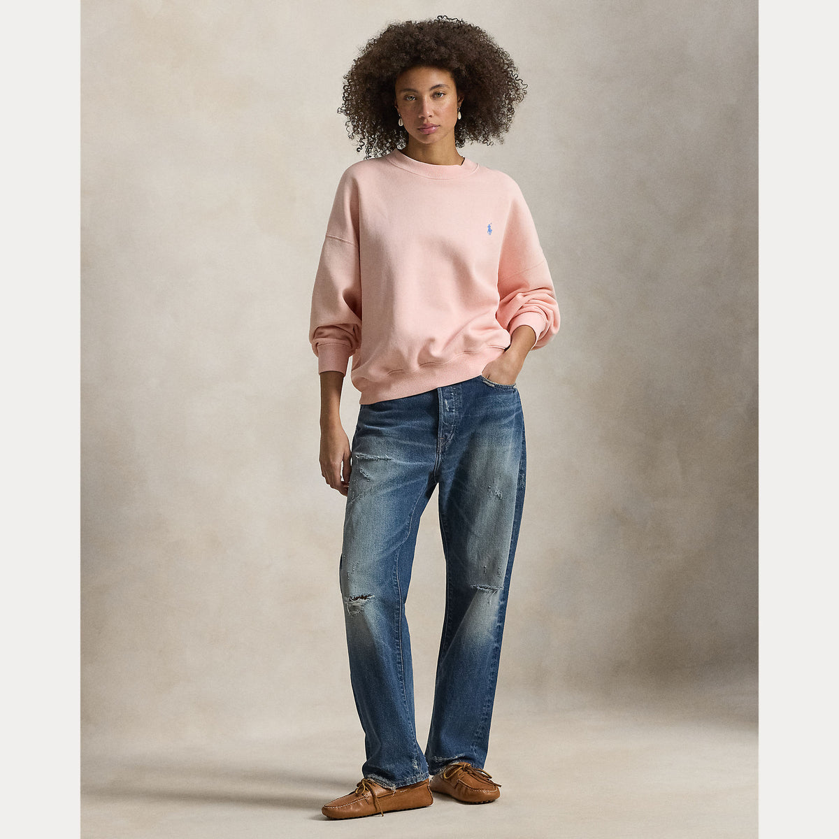 Polo Ralph Lauren naisten collegepusero Knit Pullover Sweatshirt, vaaleanpunainen, pehmeä puuvillasekoite, väljä leikkaus, pyöreä pääntie, pitkät hihat ja pieni brodeerattu logo rinnassa