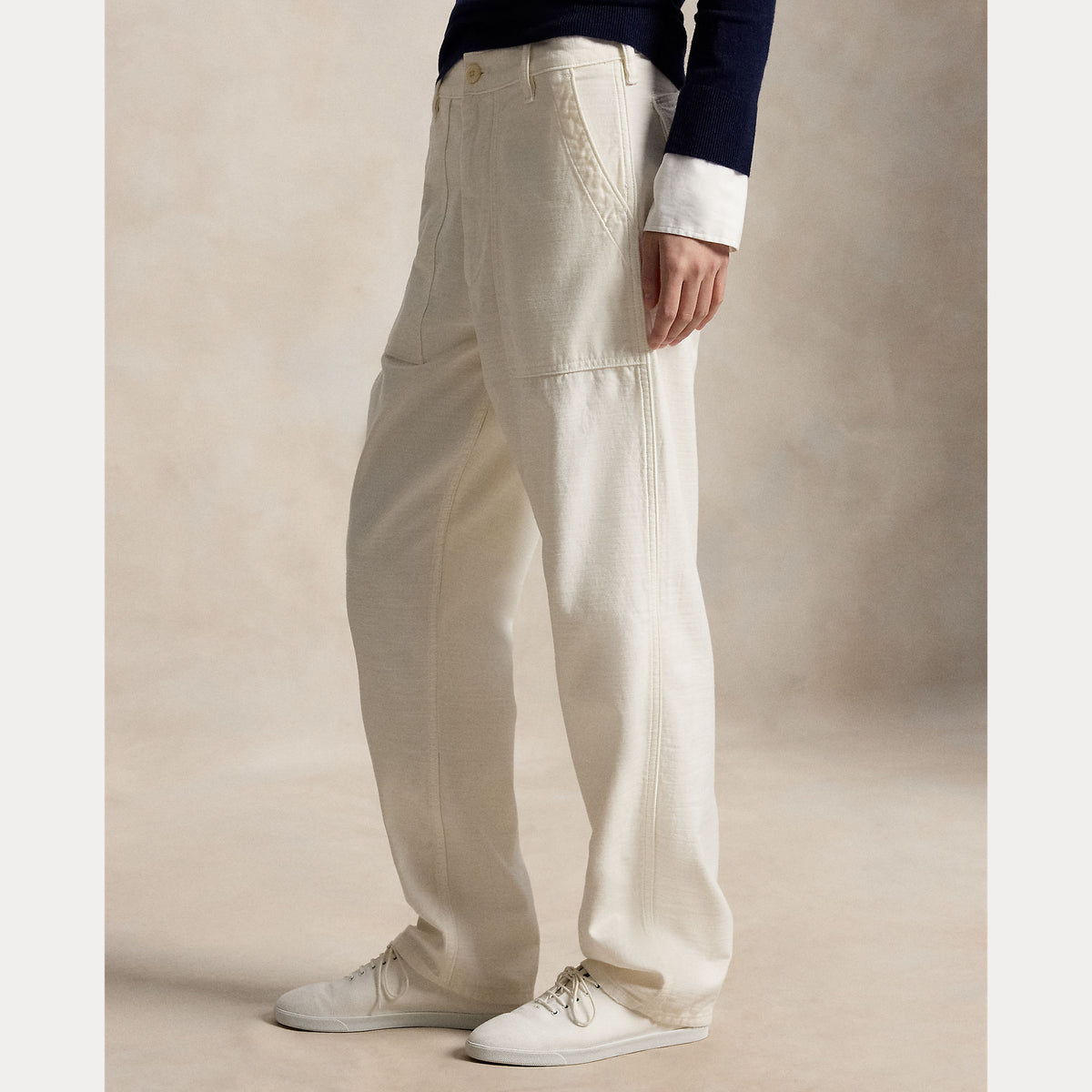 Polo Ralph Lauren naisten housut Wovwn Staight Pants, luonnonvalkoinen, pehmeää puuvillaa, suora leikkaus, vyölenkit ja sivutaskut