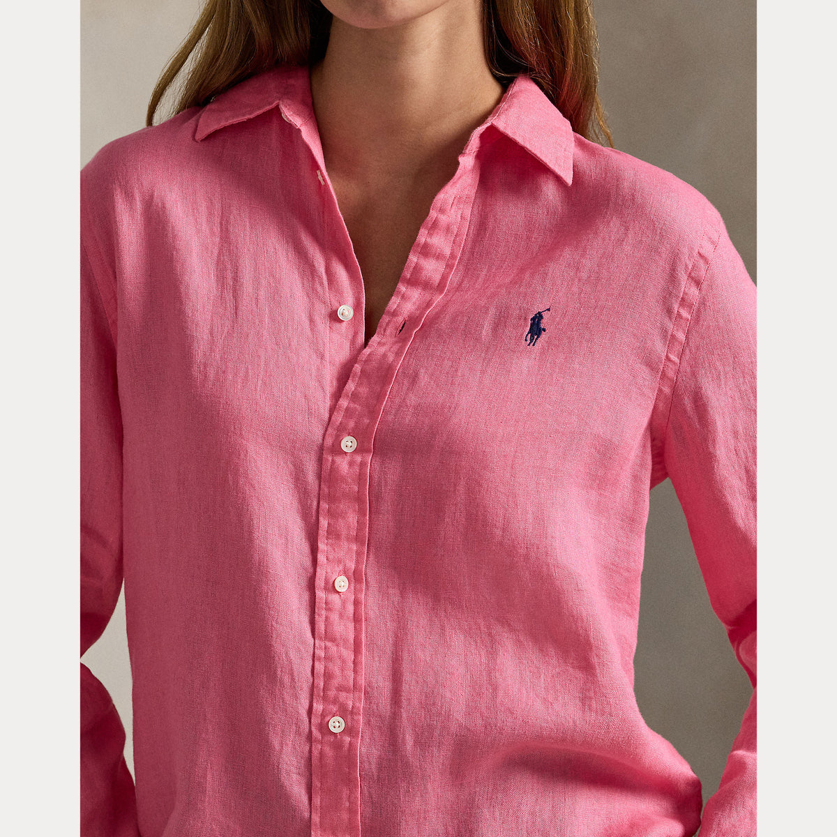 Polo Ralph Lauren naisten paitapusero Classic LS Shirt, vaaleanpunainen, kevyt pellavapaita, kaulus, edestä napitettava malli ja pitkät hihat