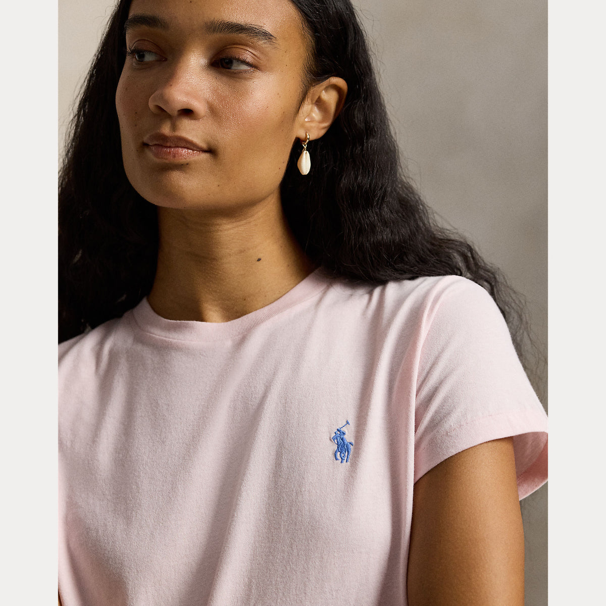 Polo Ralph Lauren naisten t-paita Knit T-shirt, vaaleanpunainen, pehmeä puuvillapaita, pyöreä pääntie, lyhyet hihat ja edessä sininen kirjailtu logo