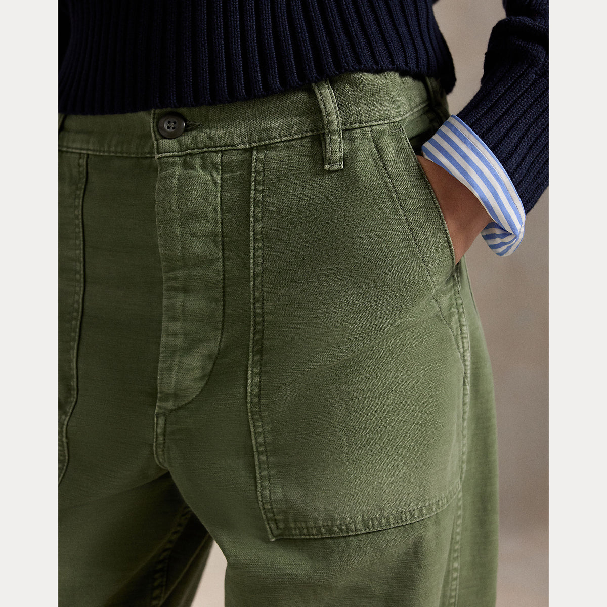 Polo Ralph Lauren naisten housut Wovwn Straight Pants, khaki, suora leikkaus, pehmeästi joustava puuvillasatiini, etutaskut ja vyölenkit