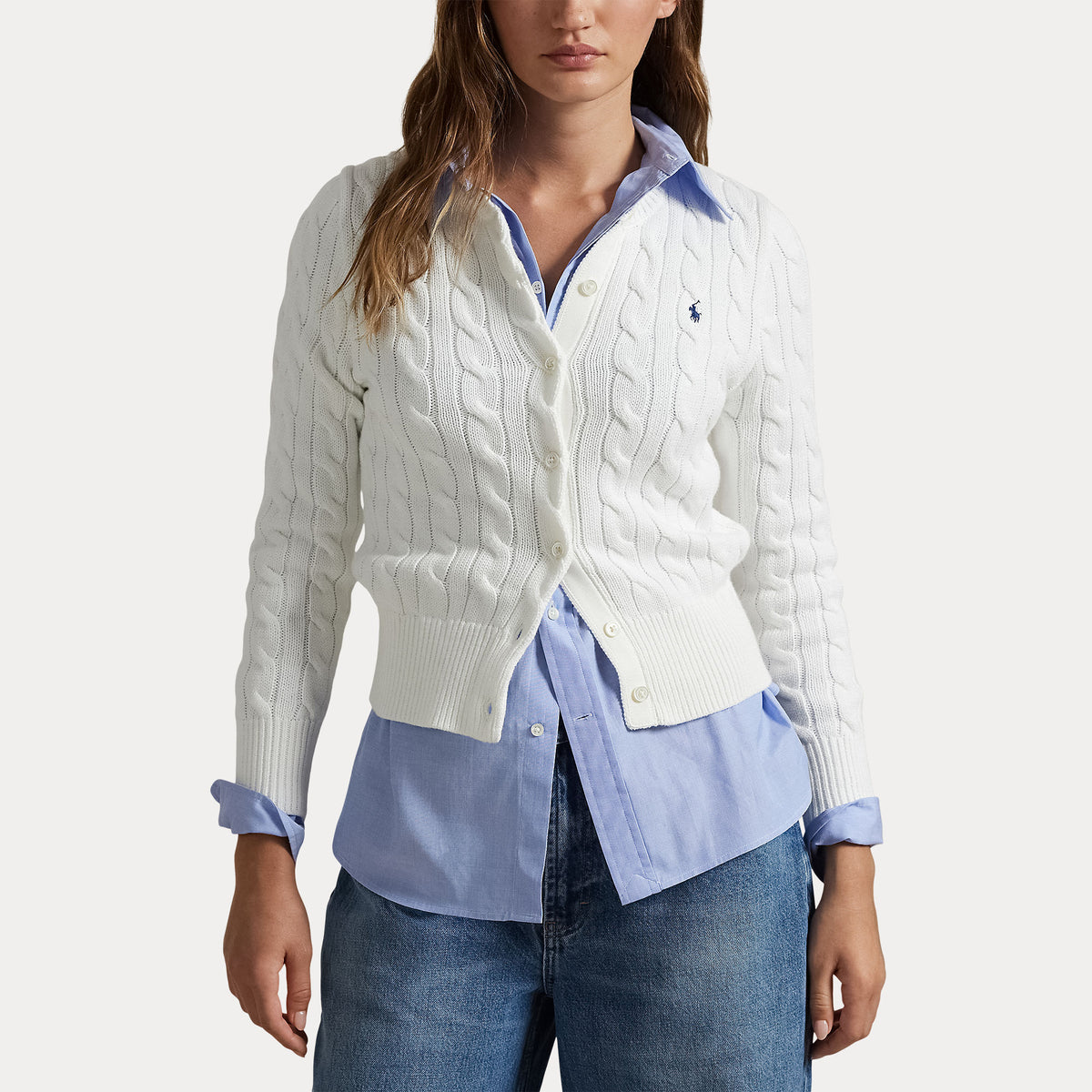 Polo Ralph Lauren naisten neuletakki CTTNCBL LS Cardigan, valkoinen, pehmeää puuvillaa, palmikkoneulos, istuva leikkaus, pitkät hihat, napitus edessä ja resorit helmassa sekä hihansuissa