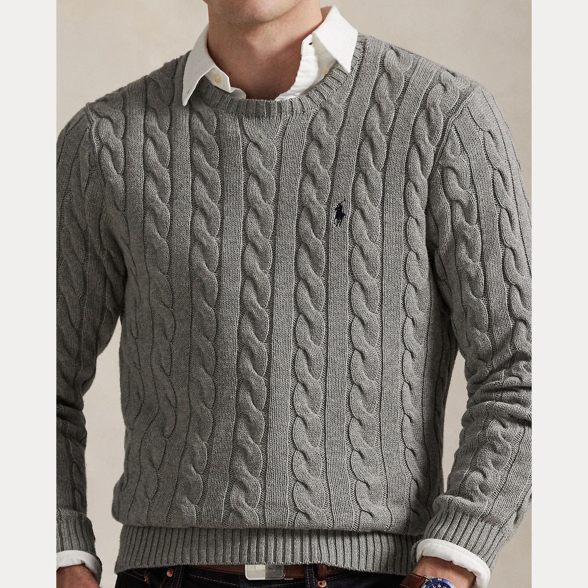 Polo Ralph Lauren miesten neulepaita Cotton Cable LS Drive Pullover, keskiharmaa