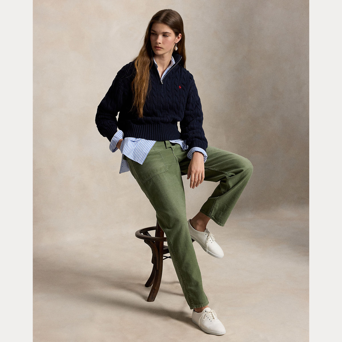 Polo Ralph Lauren naisten housut Wovwn Straight Pants, khaki, suora leikkaus, pehmeä puuvillasatiini, kevyesti joustava rakenne, etutaskut ja vyölenkit