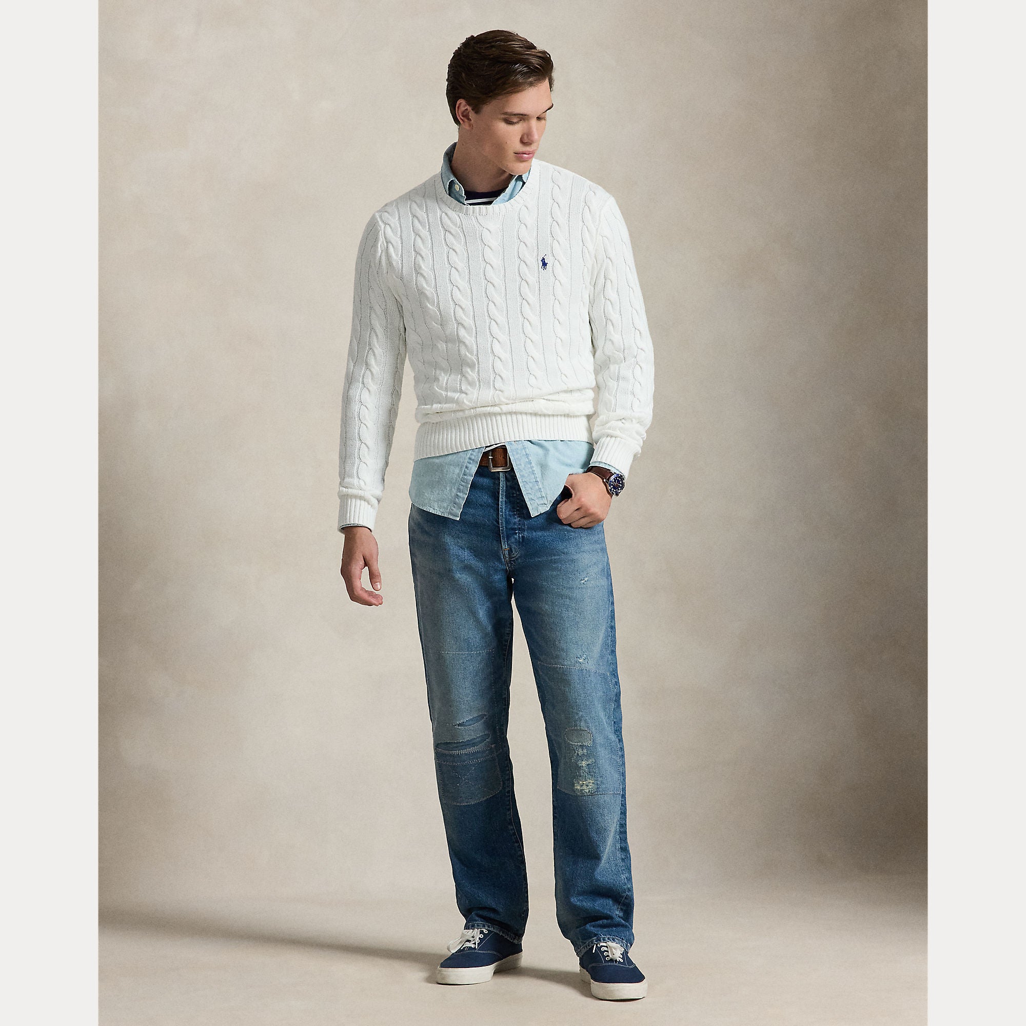 Polo Ralph Lauren miesten neulepaita Cotton Cable LS Drive Pullover, valkoinen