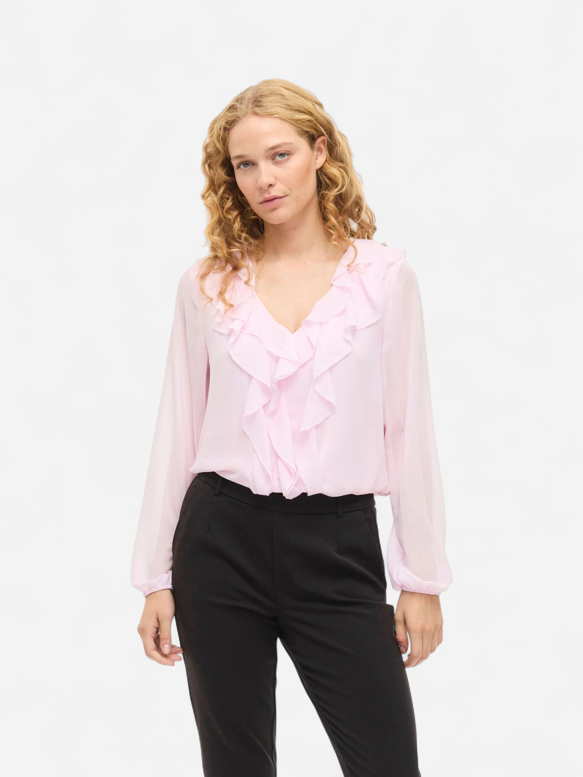 Vila naisten pusero Viane L/S V-Neck Frill Top, Cherry Blossom - Kekäle.fi