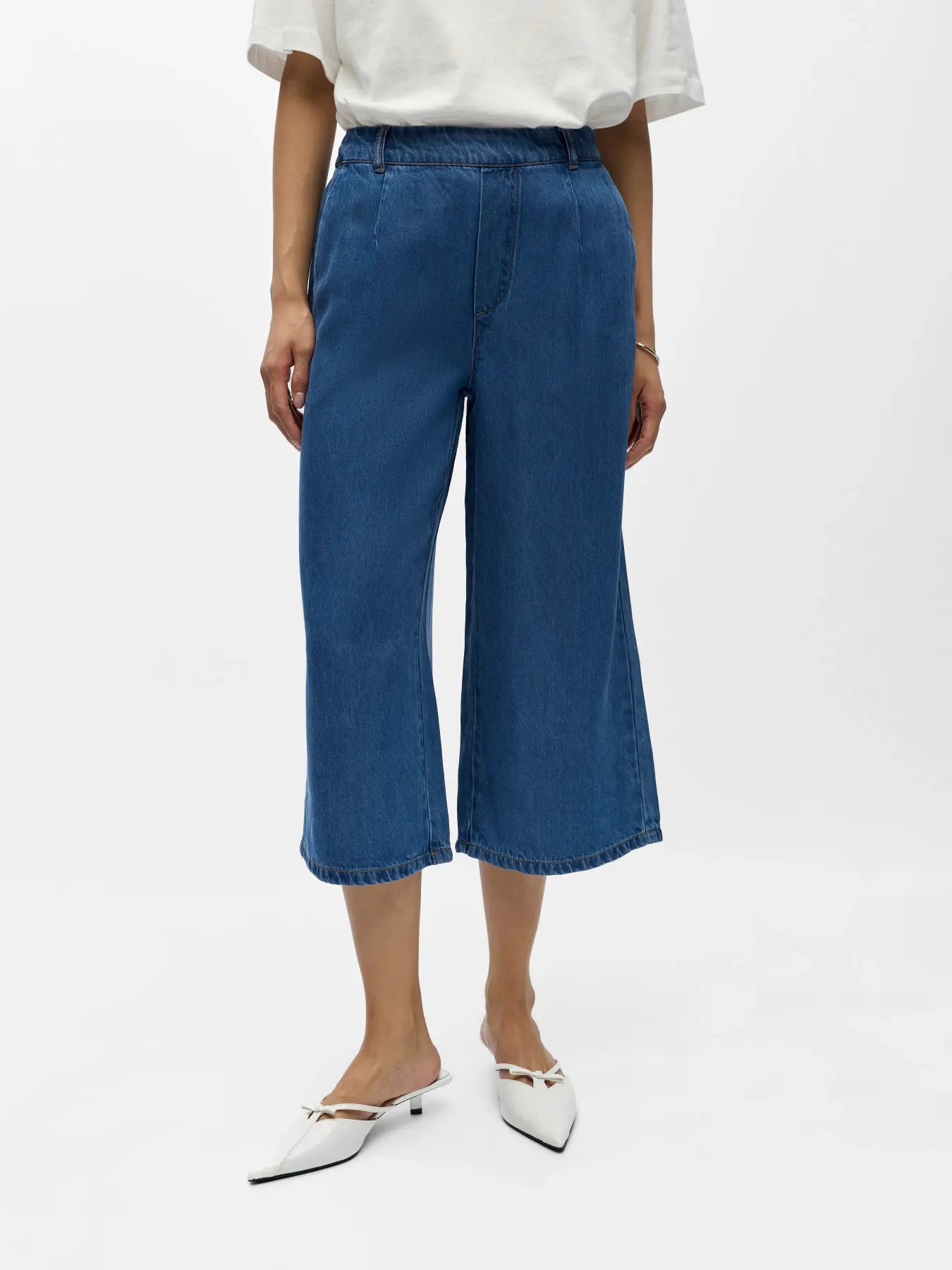 Object naisten housut OBJFrame MW Culotte Pant Noos, Medium Blue Denim