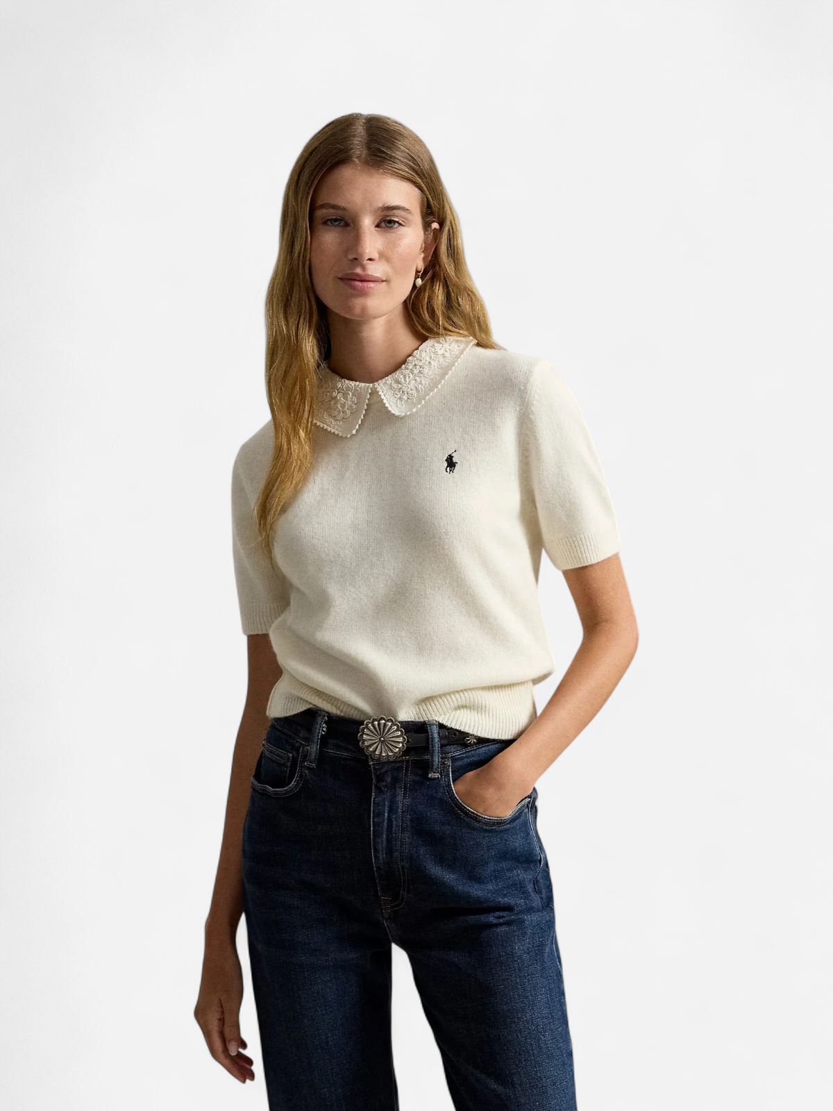 Polo Ralph Lauren naisten neulepusero Lace-Collar Short-Sleeve Jumper, Authentic Cream - Kekäle.fi