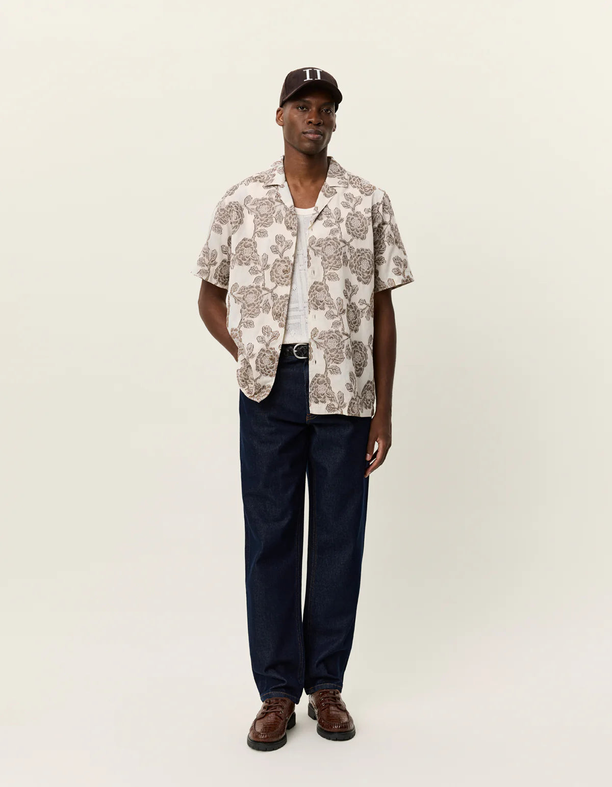 Les Deux miesten paita Lesley Flower Jacquard Ss Shirt, luonnonvalkoinen