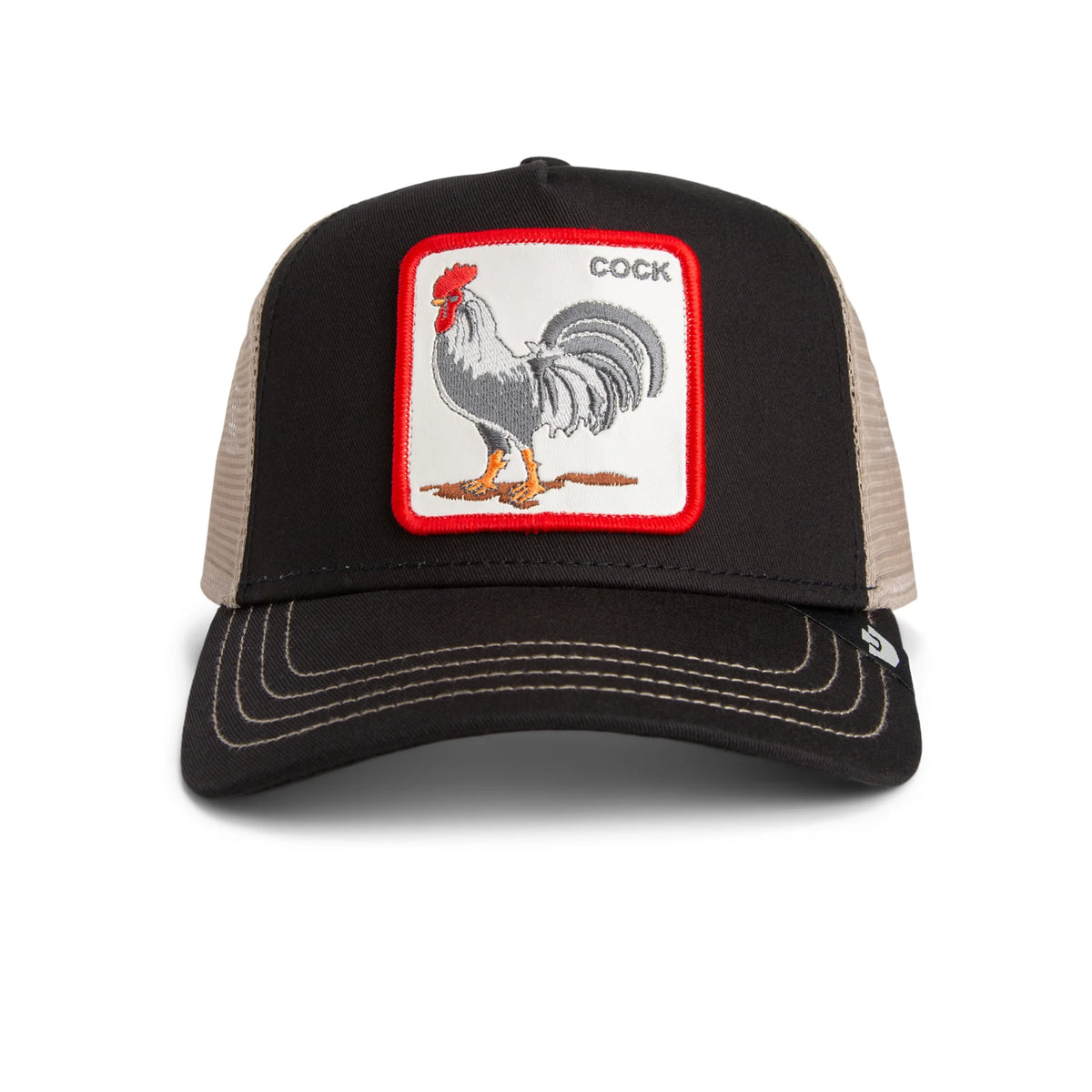Goorin Bros lippis Rooster Trucker Black, musta on mustapohjainen verkkotakainen lippalakki, jossa edessä vaaleanharmaa ja punainen brodeerattu kukkoaiheinen merkki ja vaaleanruskeat saumat.