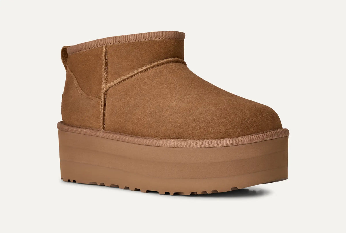 UGG naisten kengät Classic Ultra Mini Platform, kaakaonruskea, mokkapintainen nilkkuri, pyöreä kärki, korotettu paksu platformpohja ja saumayksityiskohdat