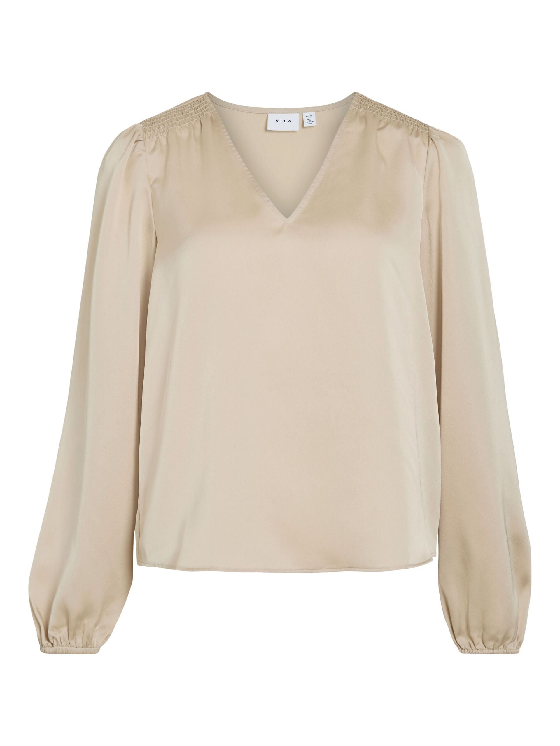 Vila naisten pusero Vielette L/S Smock Satin Top, Cement