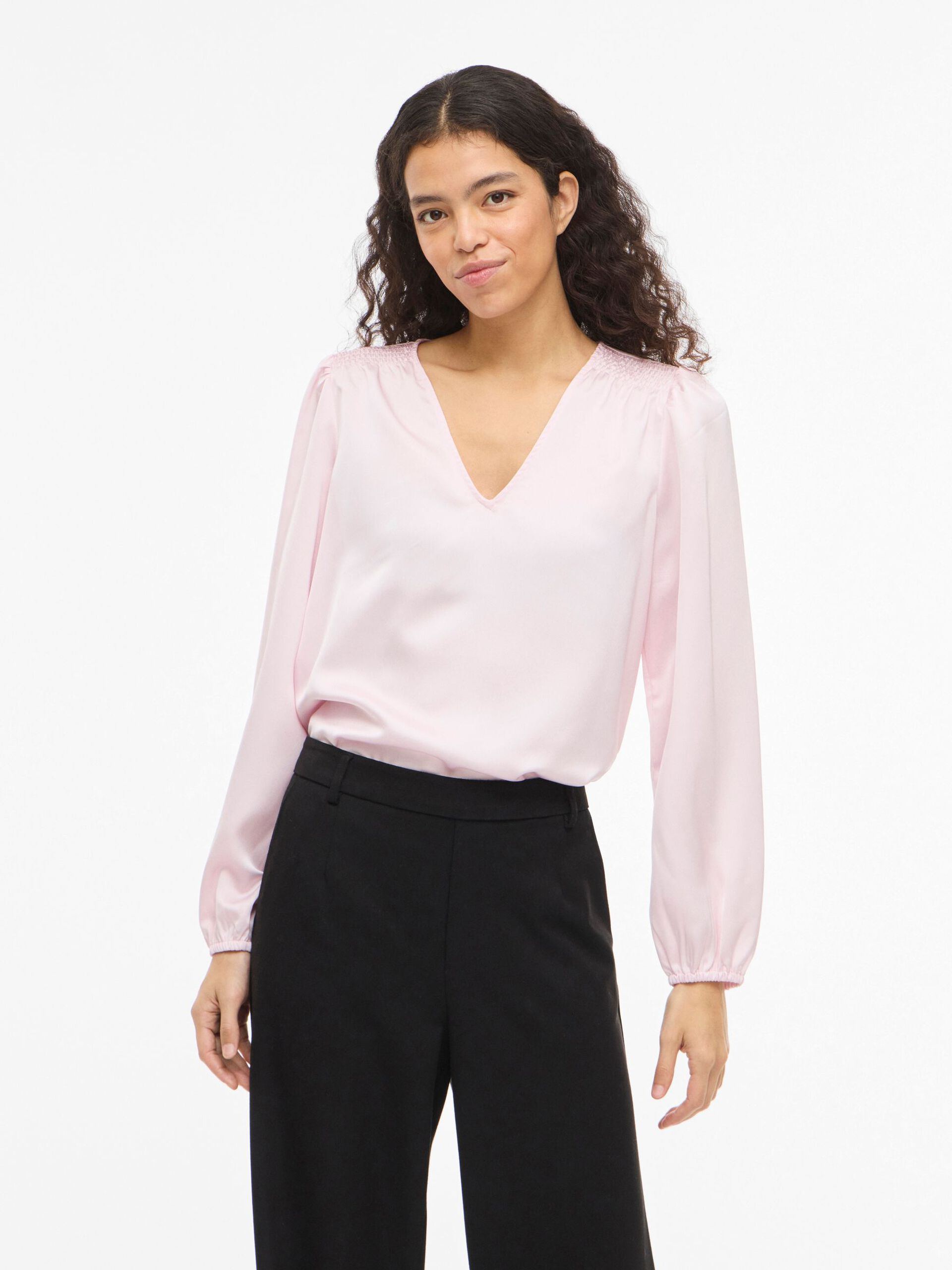 Vila naisten pusero Vielette L/S Smock Satin Top, Cherry Blossom