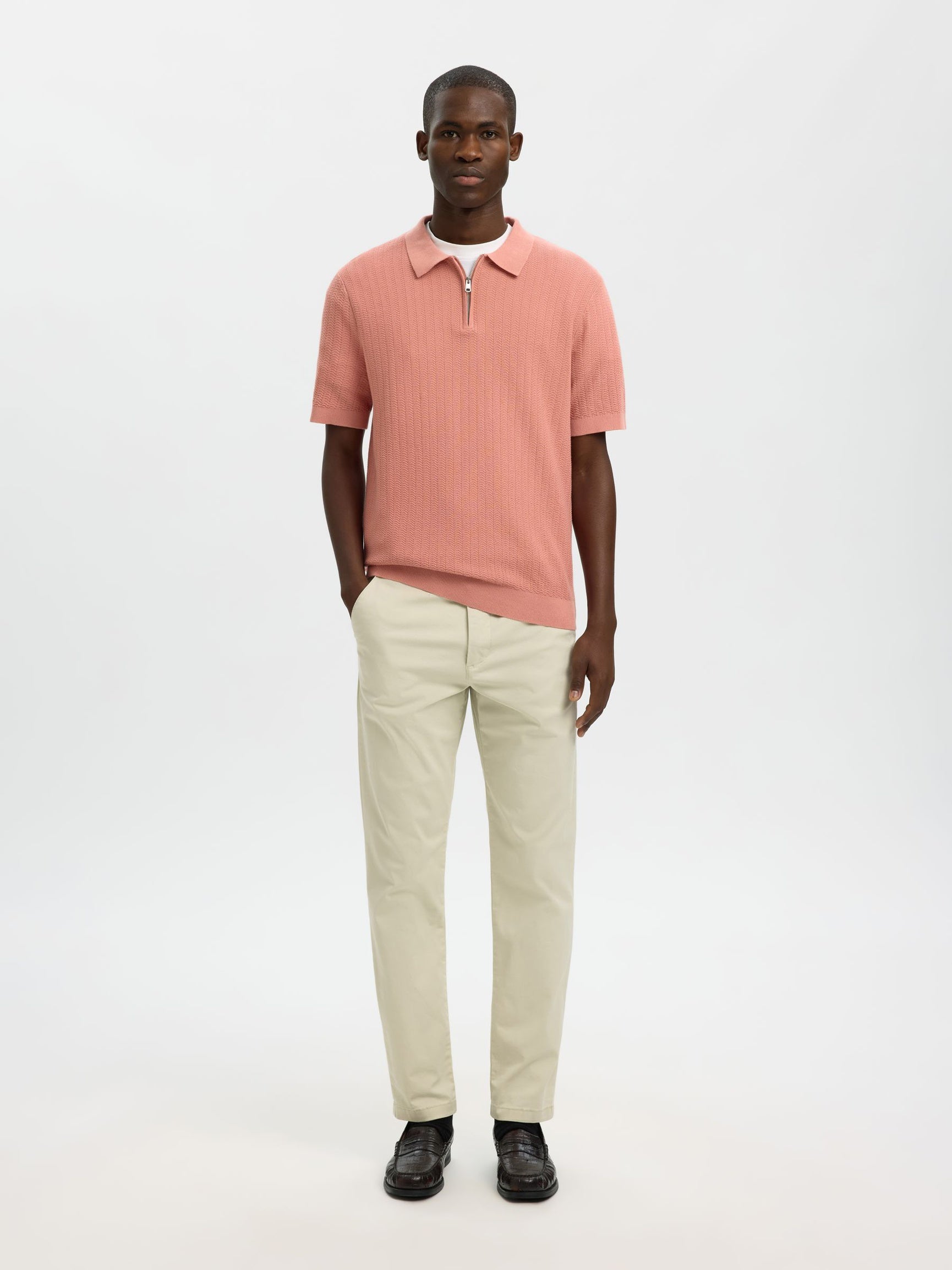 Selected miesten Pikeepaita Slhcran Ss Knit Structure Zip Polo Noos, Rose Dawn