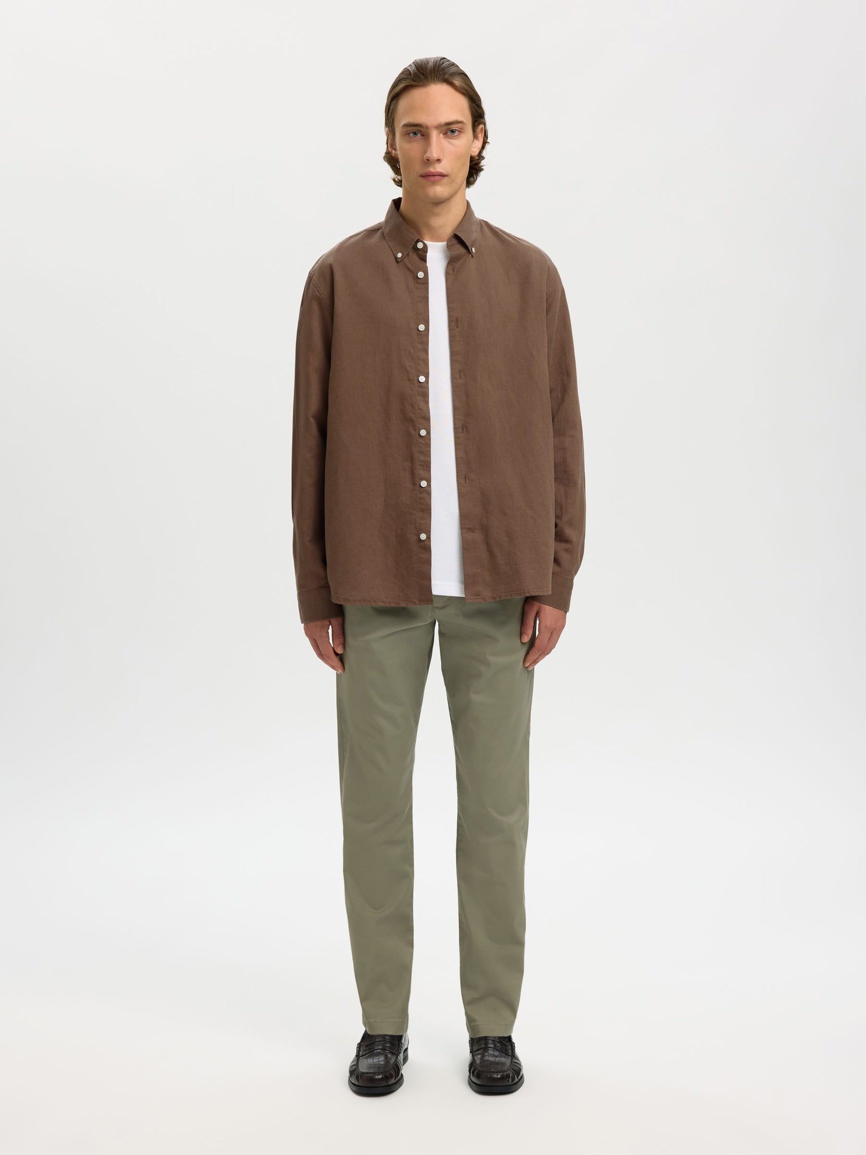 Selected miesten kauluspaita SLHREGCLAY Linenblend LS Shirt, Chocolate Chip