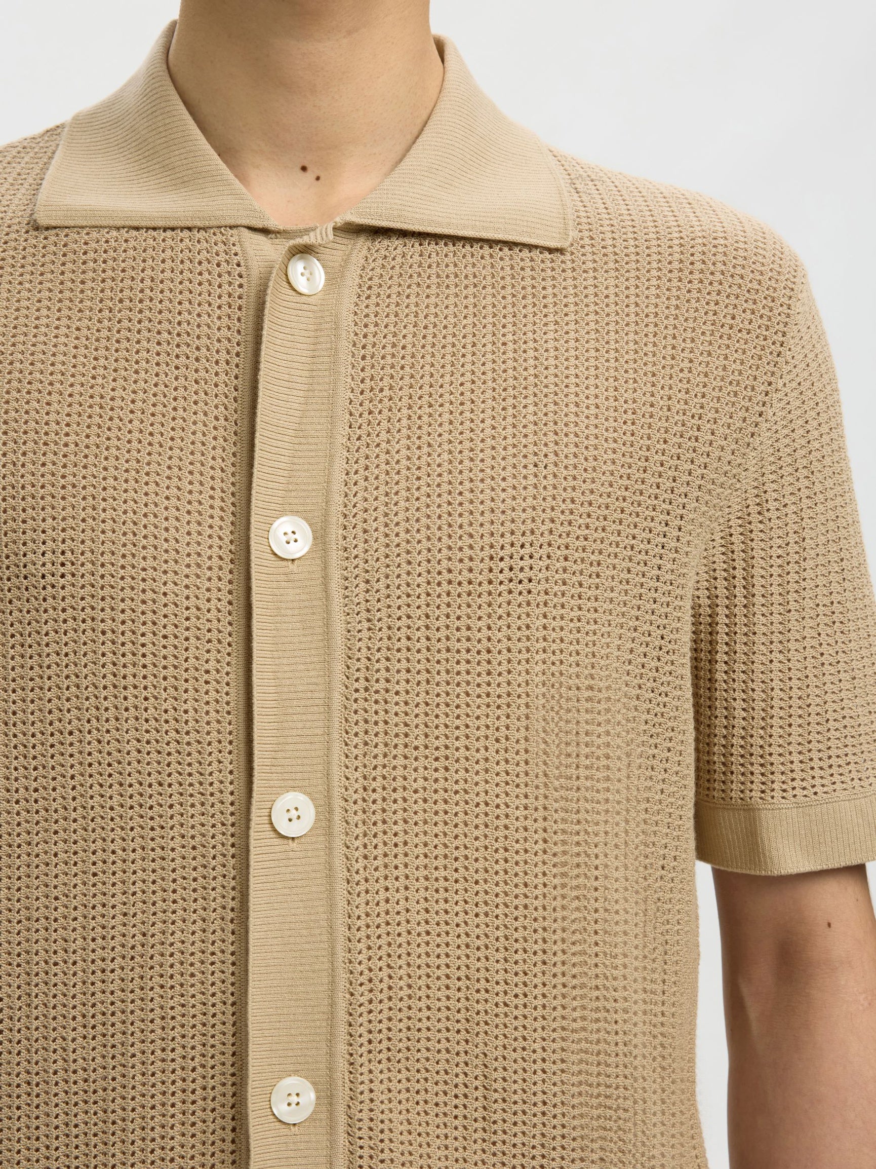 Selected miesten paita Open Struc Polo Cardigan, White Pepper