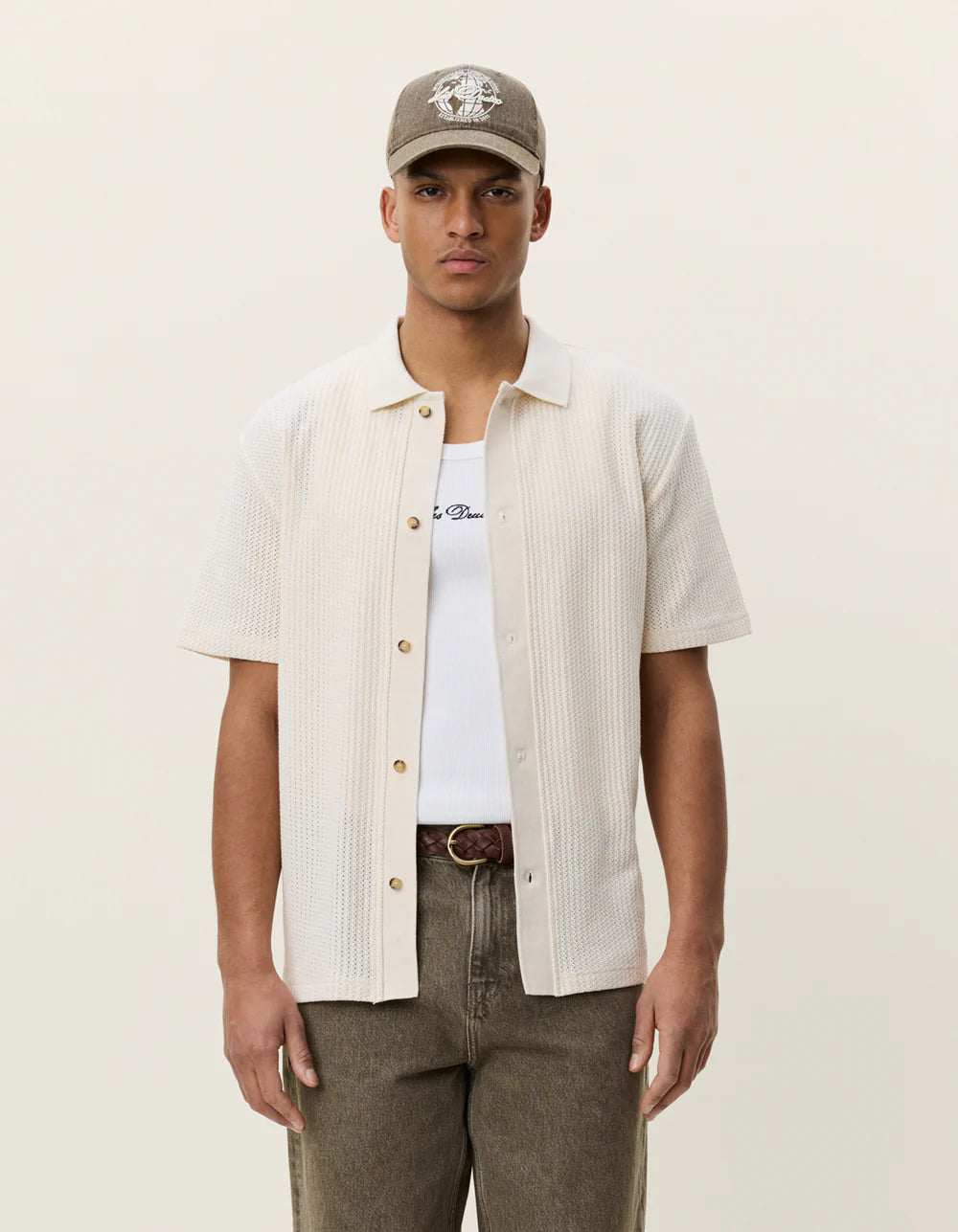 Les Deux miesten lyhythihainen kauluspaita Pointelle SS Shirt, luonnonvalkoinen