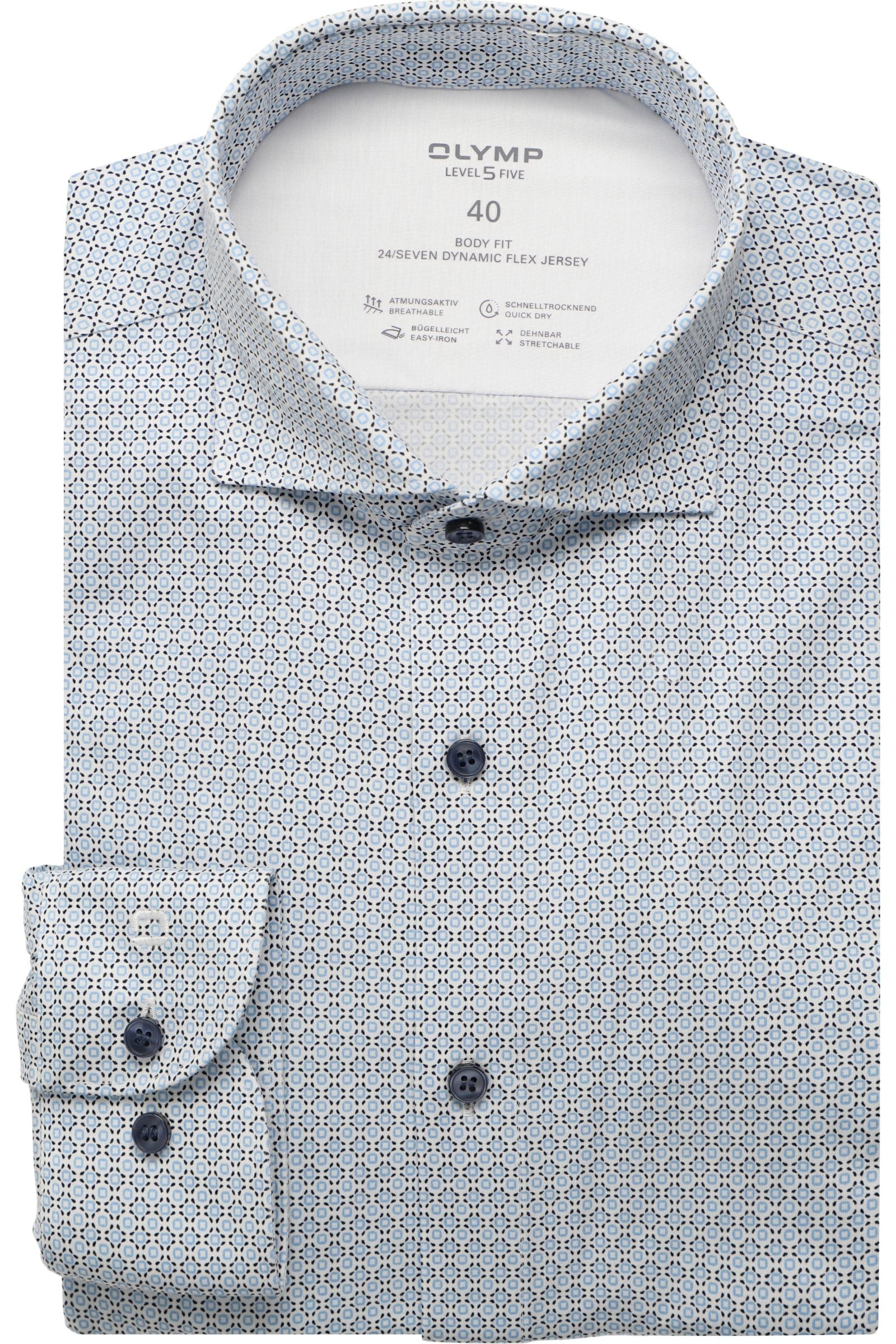 Olymp miesten kauluspaita 24/7 Level 5 Body Fit Jersey Microprint, valkopohjainen kuosi