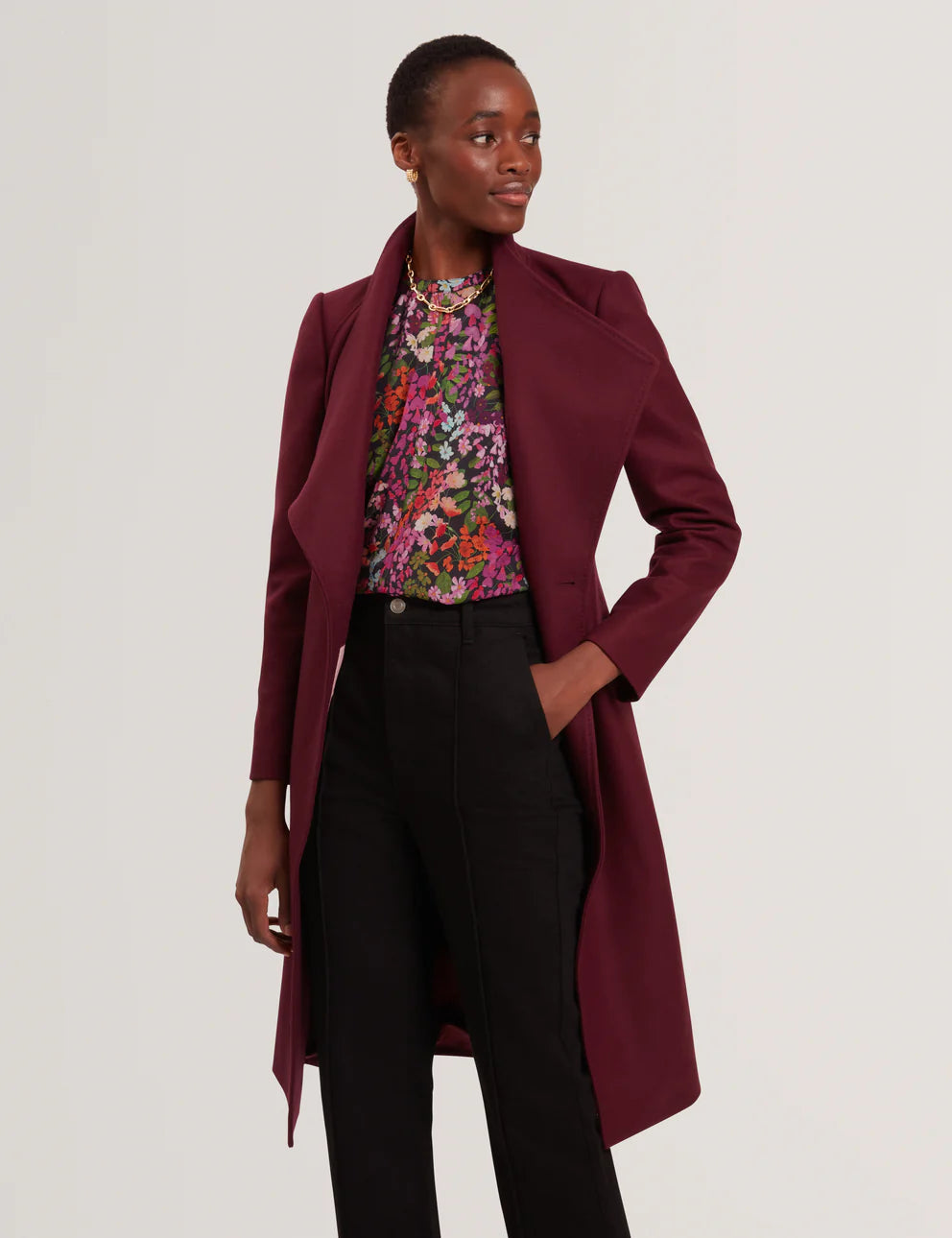 Ted Baker Rose Mid Length Belted Wool Wrap Coat, Viininpunainen