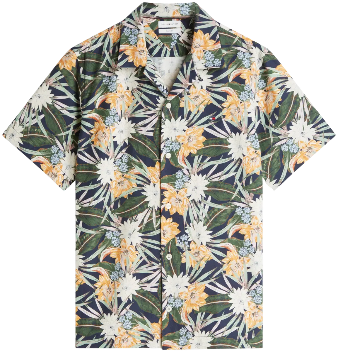 Tommy Hilfiger miesten lyhythihainen kauluspaita Tropical Print Linen Short Sleeve Shirt, vihreä kuosi