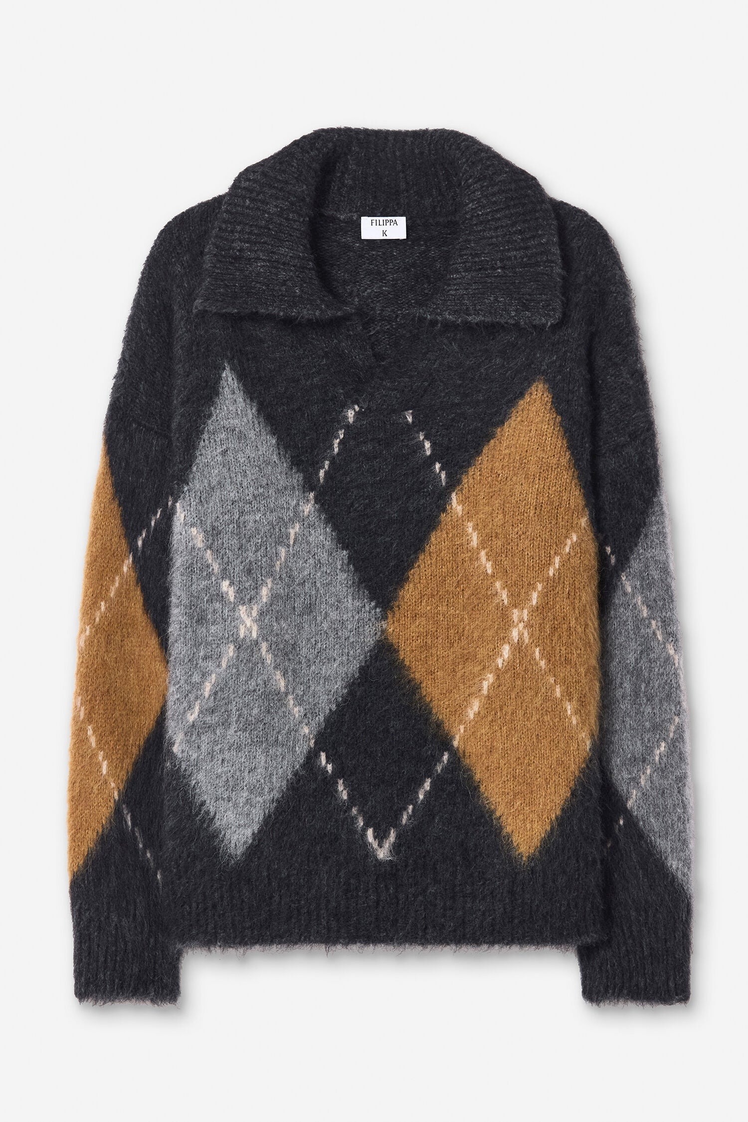 Filippa K naisten neulepusero Alpaca Check Sweater, harmaa kuosillinen, pehmeä alpakkaneule mustan, harmaan ja ruskean sävyisellä vinoruutukuviolla ja kauluksella