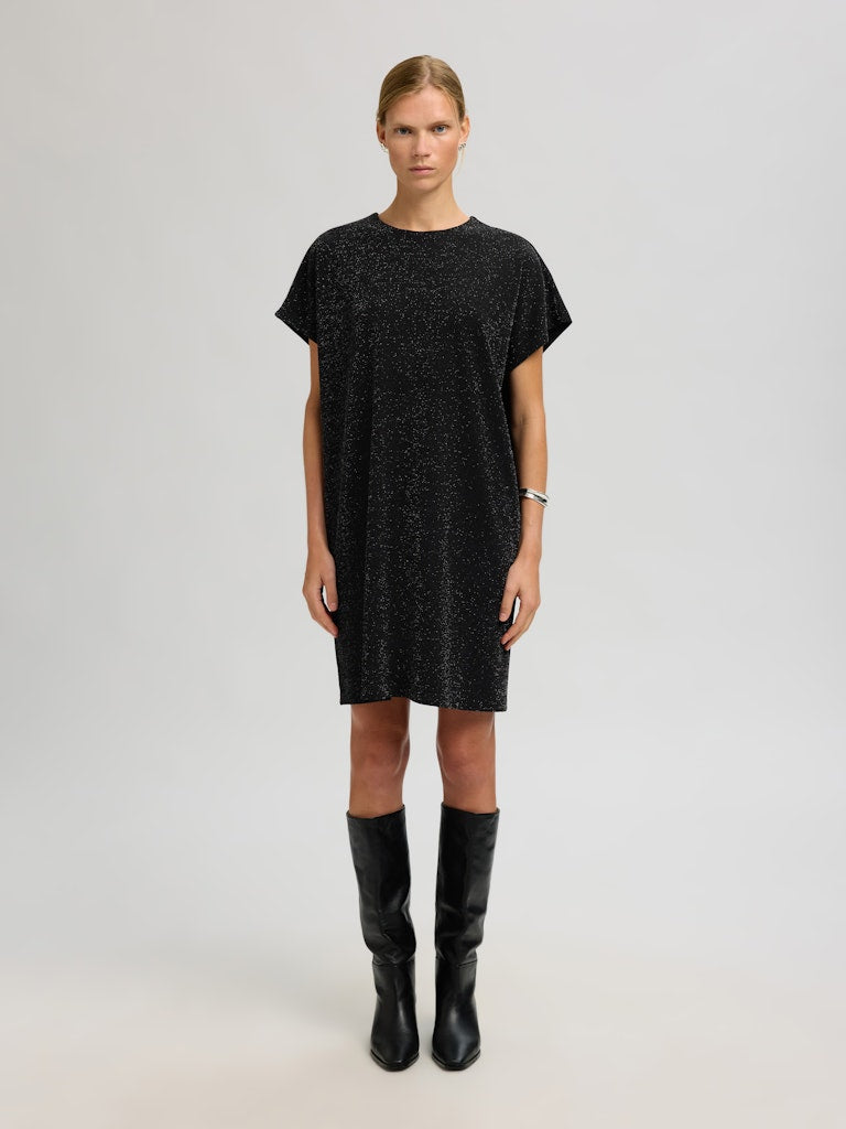 Selected Femme Oversized Sandra SS Short Dress, Black W. Silver Lurex