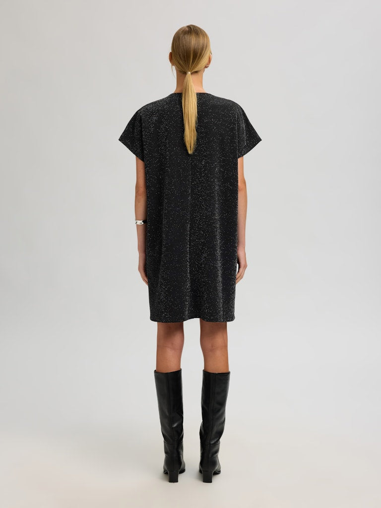 Selected Femme Oversized Sandra SS Short Dress, Black W. Silver Lurex