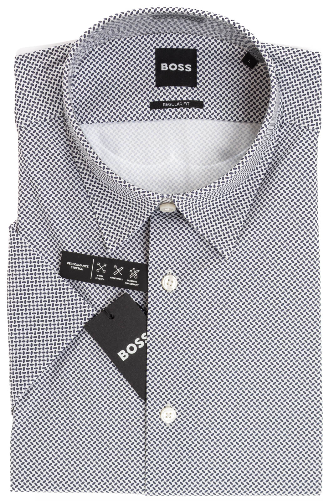 Hugo Boss lyhythihainen kauluspaita P-Liam-K-SH-F-26 Performance Strech, valkopohjainen kuosi