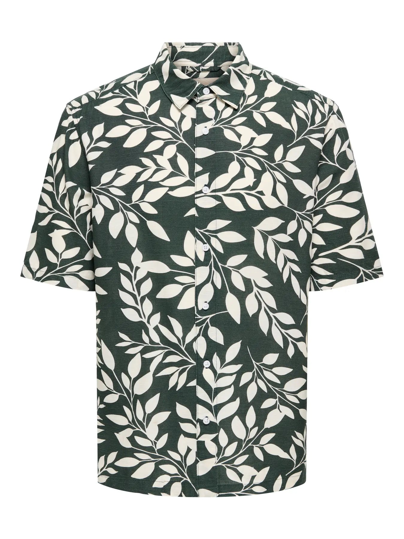Only and Sons miesten kauluspaita Onsharvi Life SS Aop Shirt, Darkest Spruce Gardenia