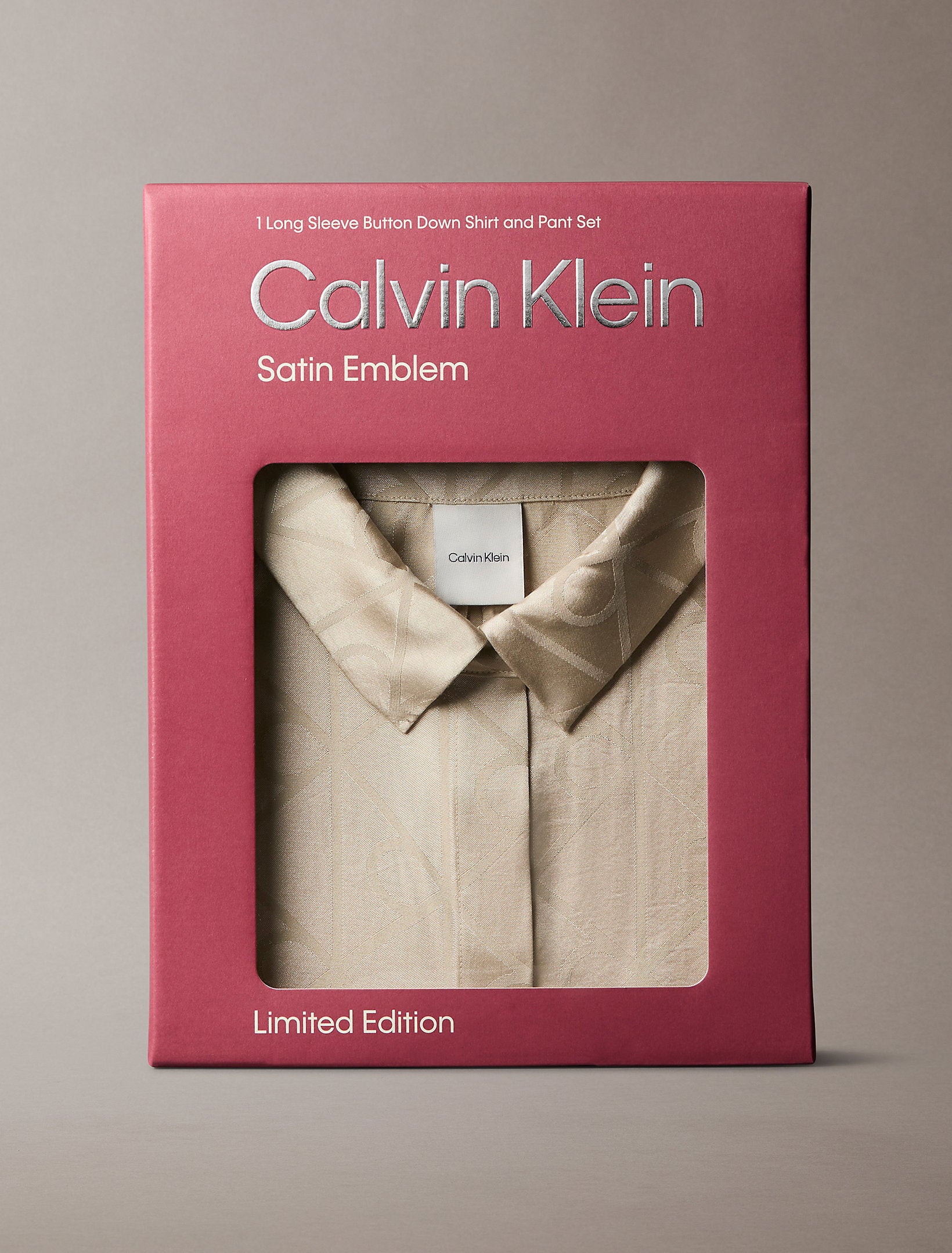 Calvin Klein naisten pyjamasetti K-SATIN AOP SET, vaalea beige