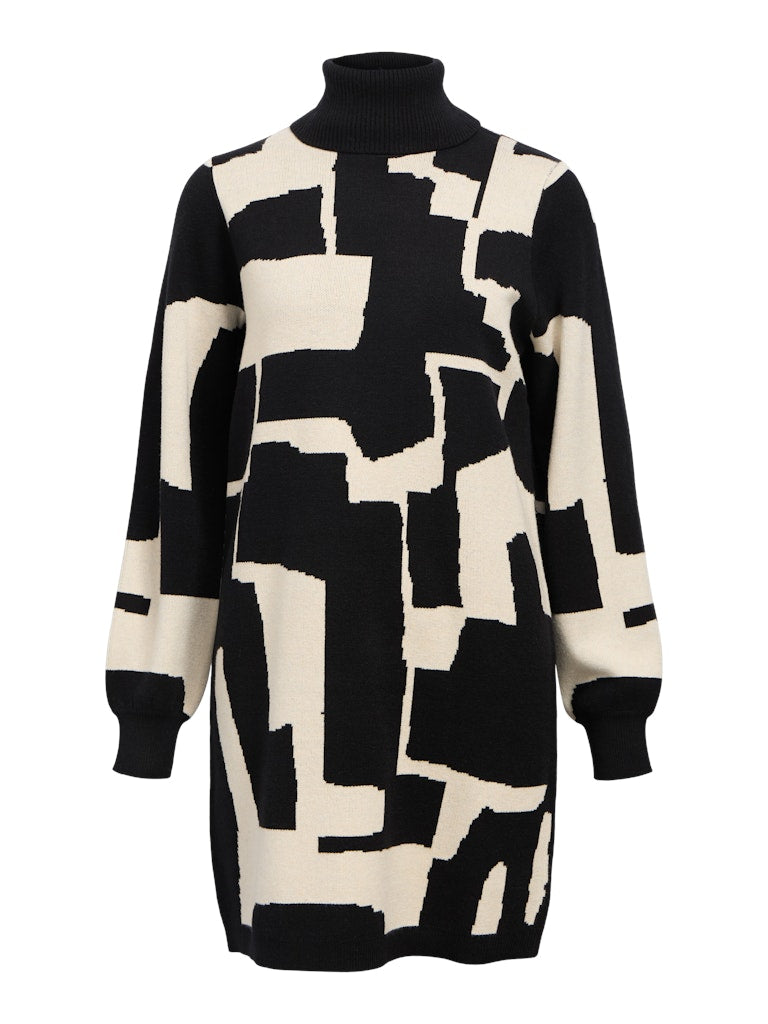 object-naisten-neulemekko-objray-l-s-knit-rollneck-dress-aop-noos-black-sandshell-grap-1
