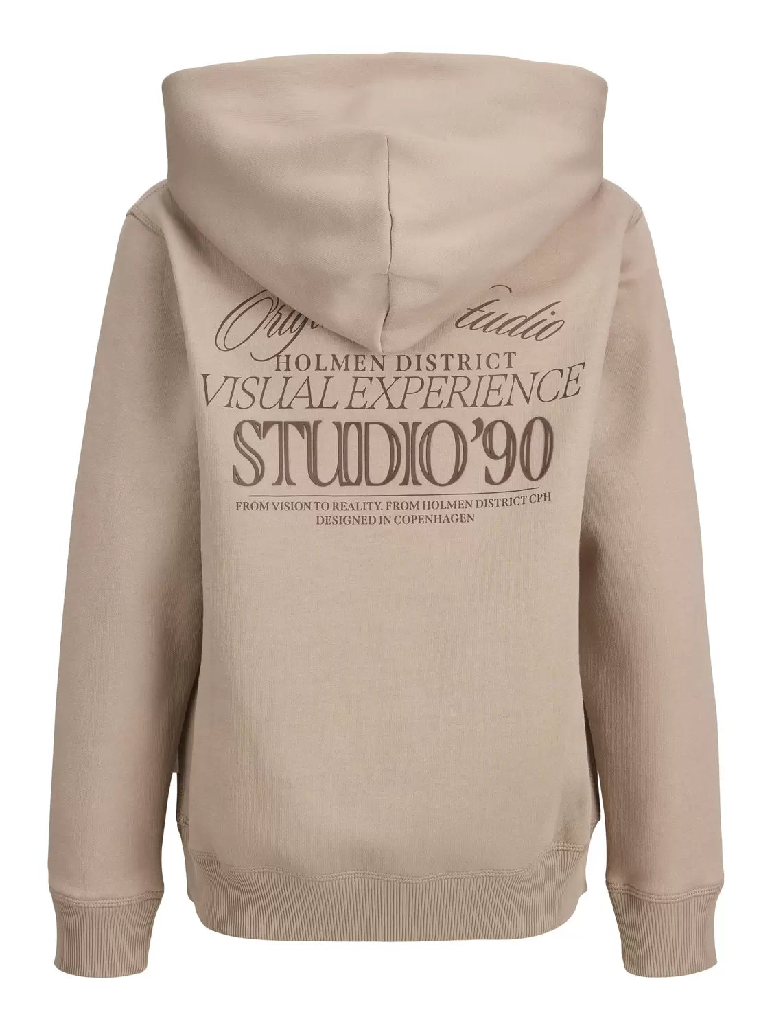Jack and Jones Junior huppari Jorgrand Midtown Sweat Hood Jnr, beige on lapsille tarkoitettu hupullinen beige collegepaita, jossa on pitkä malli, joustavat resorit hihoissa ja helmassa sekä selkäpuolella mustansävyinen tekstitulostus.