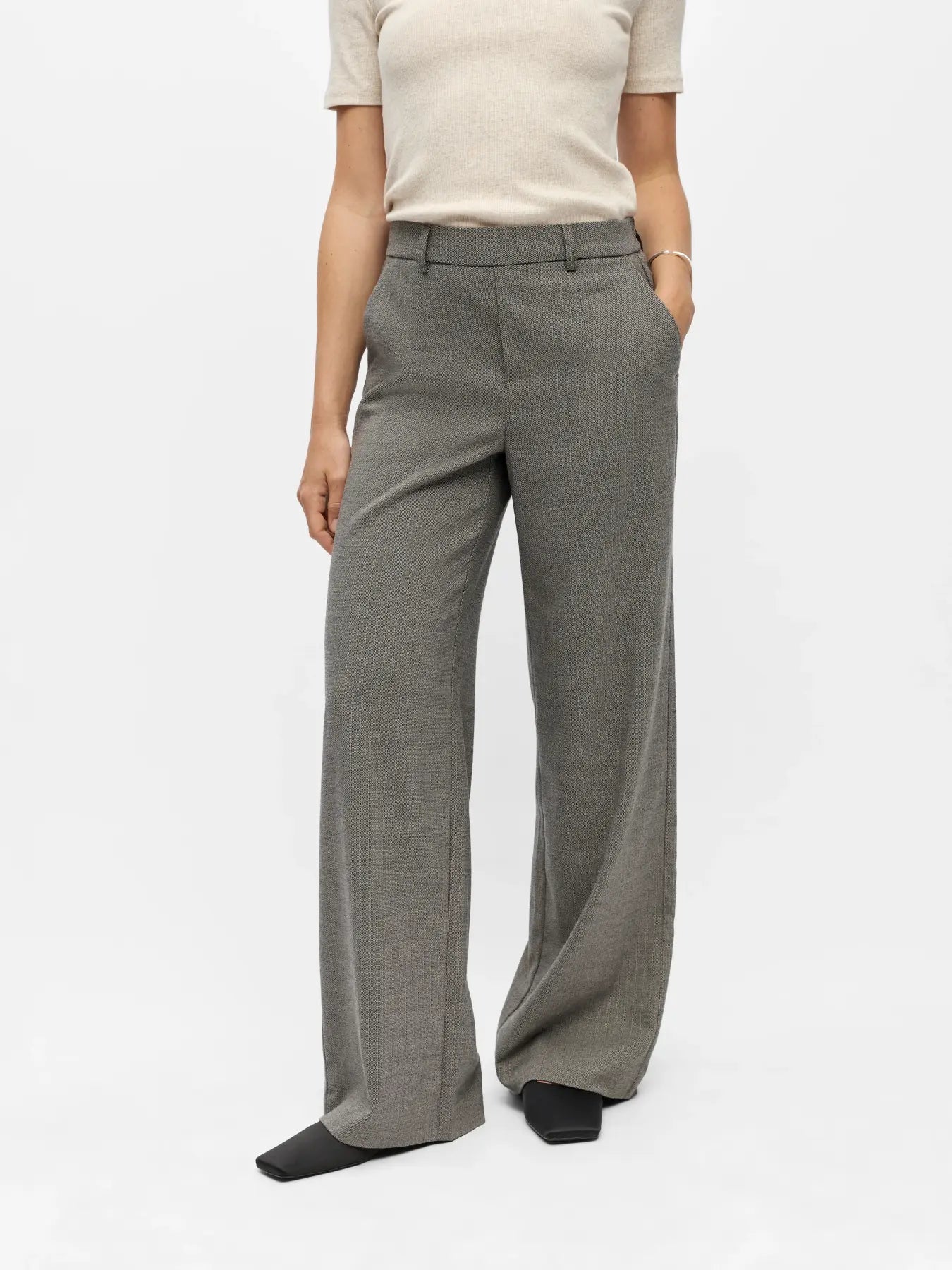 Object naisten housut ObjLisa Wide Pant, Grey Thin Beige