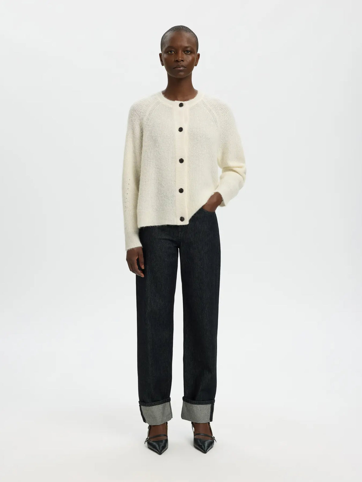 Selected Women naisten neuletakki Lulu Knit Short Cardigan, Snow White