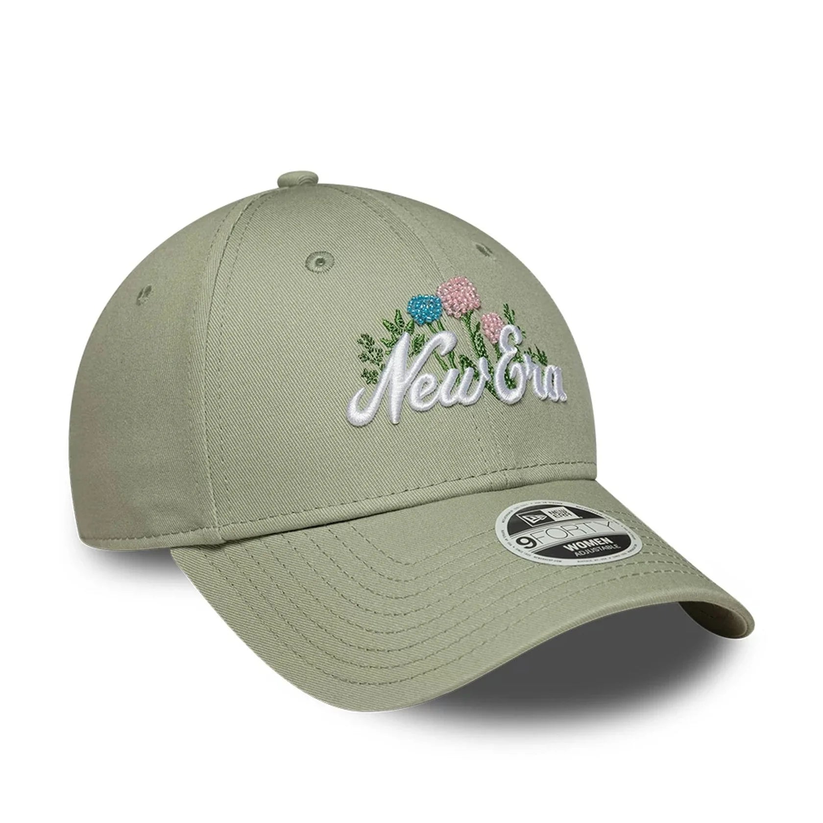 New Era naisten lippis Female Beaded 9Forty, vedenvihreä, jossa on upotettu kukkakirjailu ja valkoinen New Era -logo kevyessä ja säädettävässä puuvillakangasmateriaalissa.