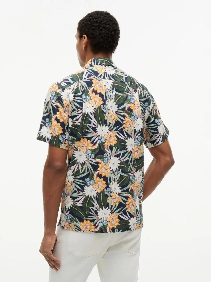 Tommy Hilfiger miesten lyhythihainen kauluspaita Tropical Print Linen Short Sleeve Shirt, vihreä kuosi