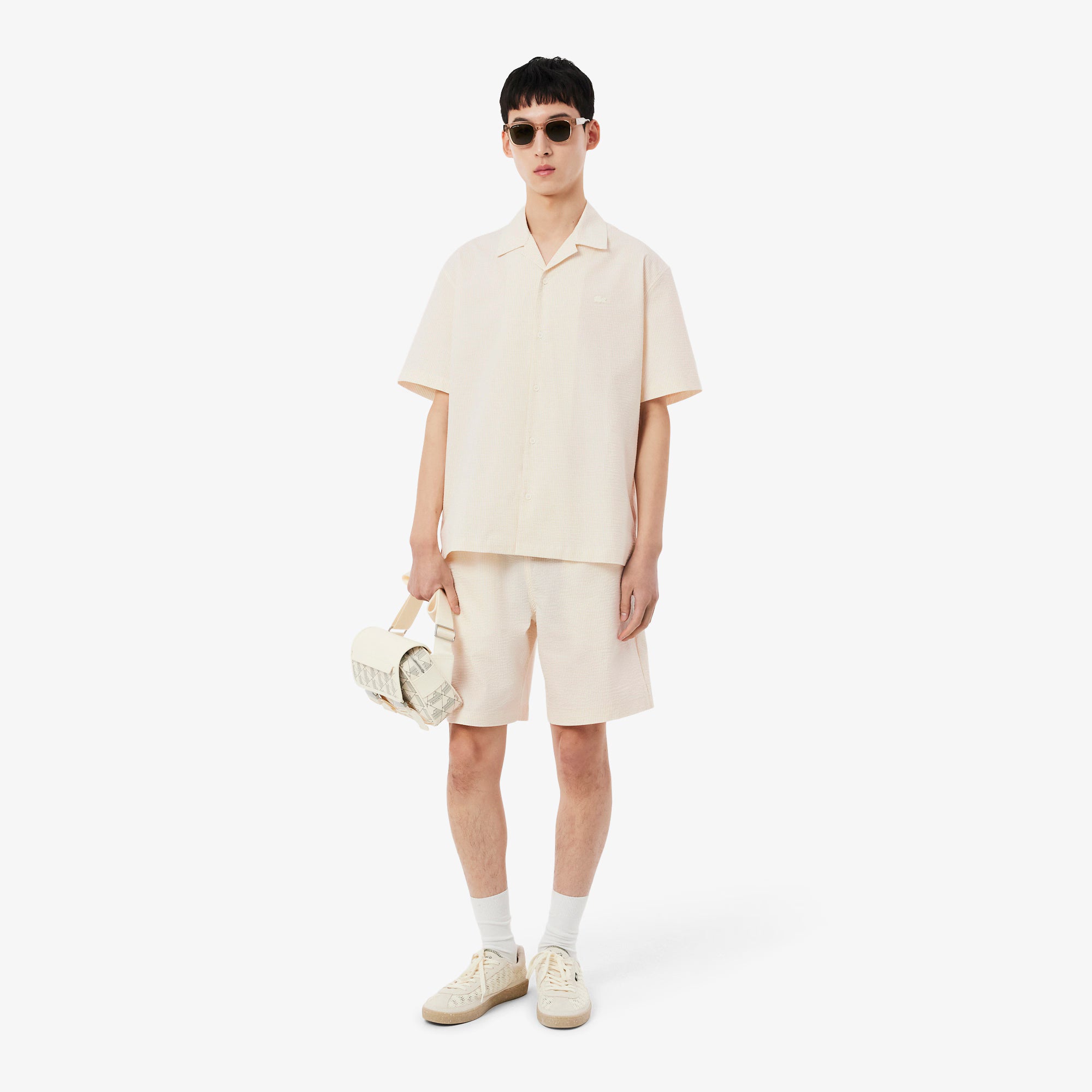 Lacoste miesten lyhythihainen kauluspaita Relaxed Fit Waffle Texture Shirt, valkoinen